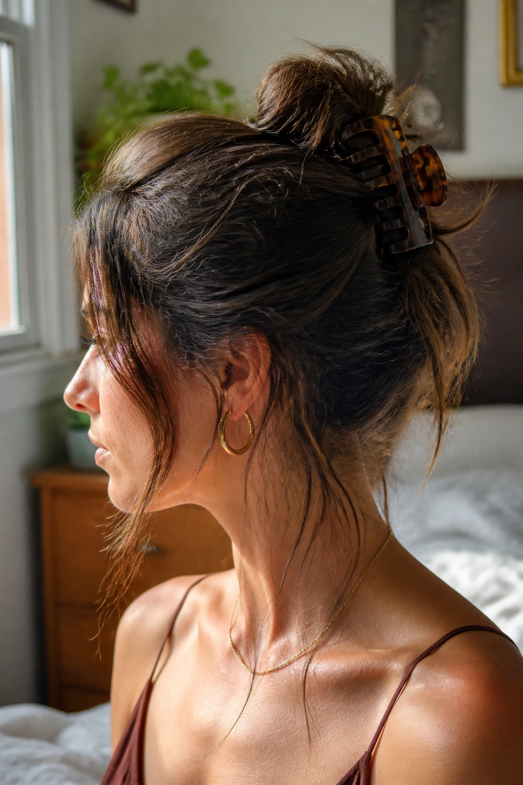 Close-up portrait of a person with a claw-clip twist hairstyle in a sunlit bedroom