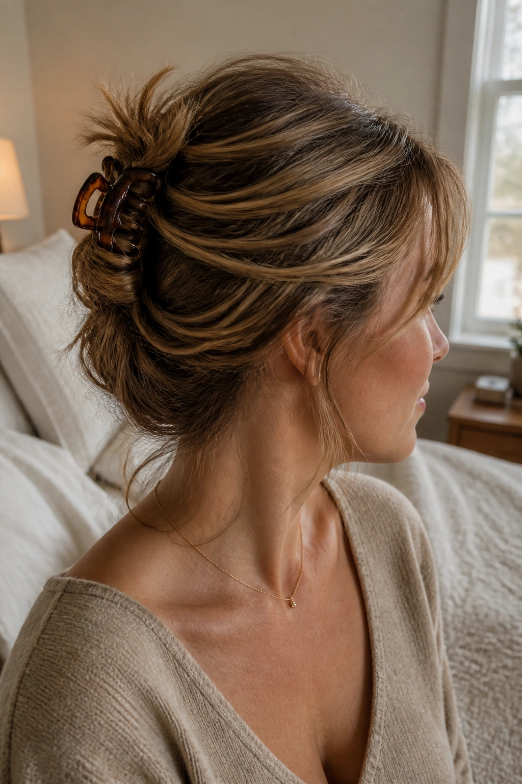 Close-up portrait of a real woman with a high claw-clip twist in soft waves.