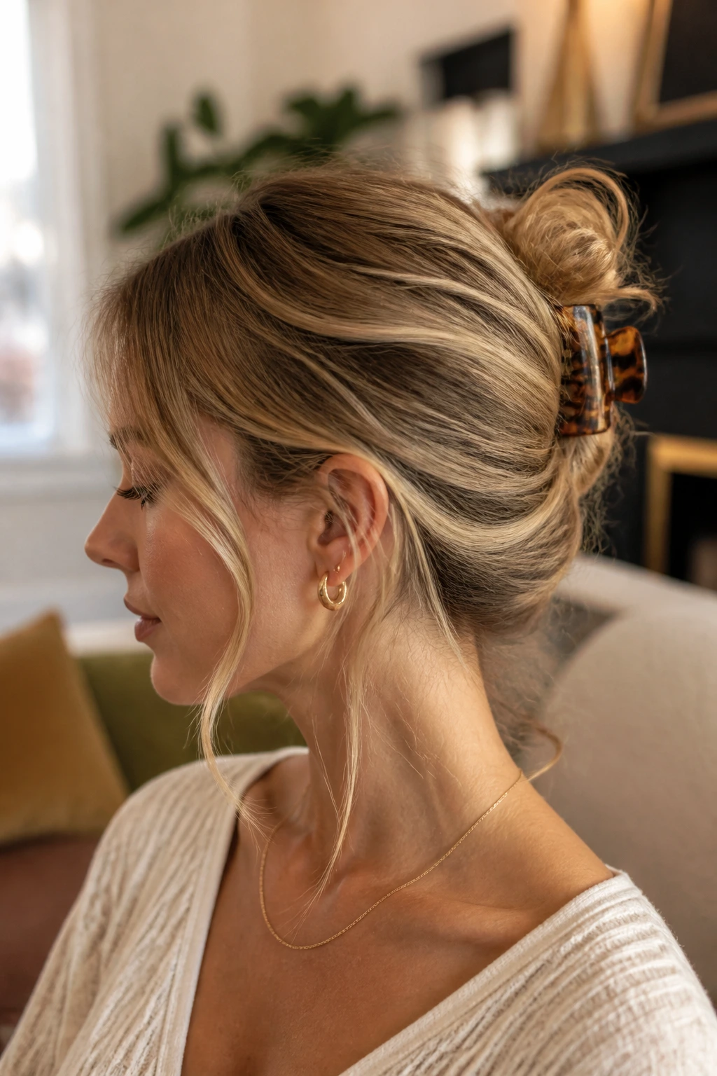 Side profile of real woman with claw clip French twist hairstyle