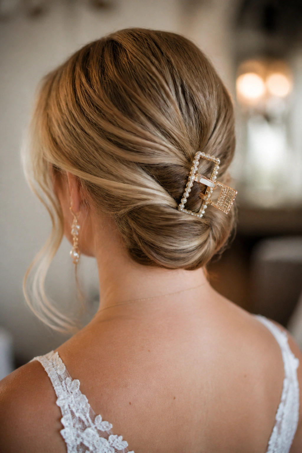 Bride with claw clip twist at the nape, decorative clip visible