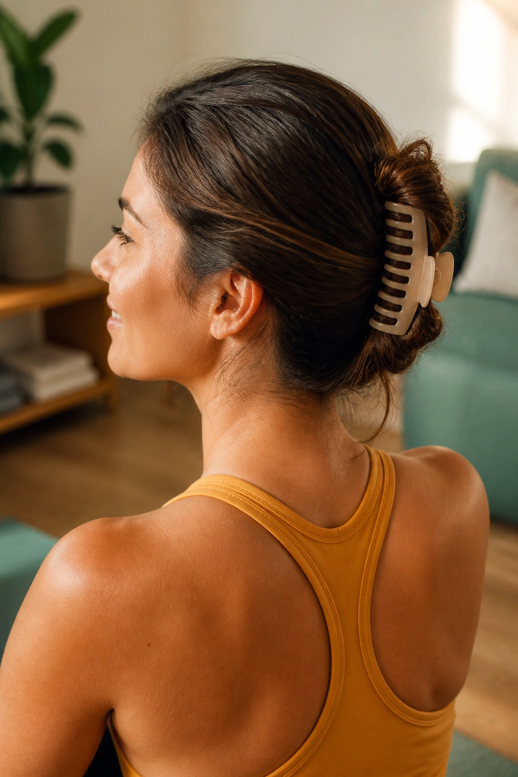 Close-up of real woman with claw-clip twist hairstyle