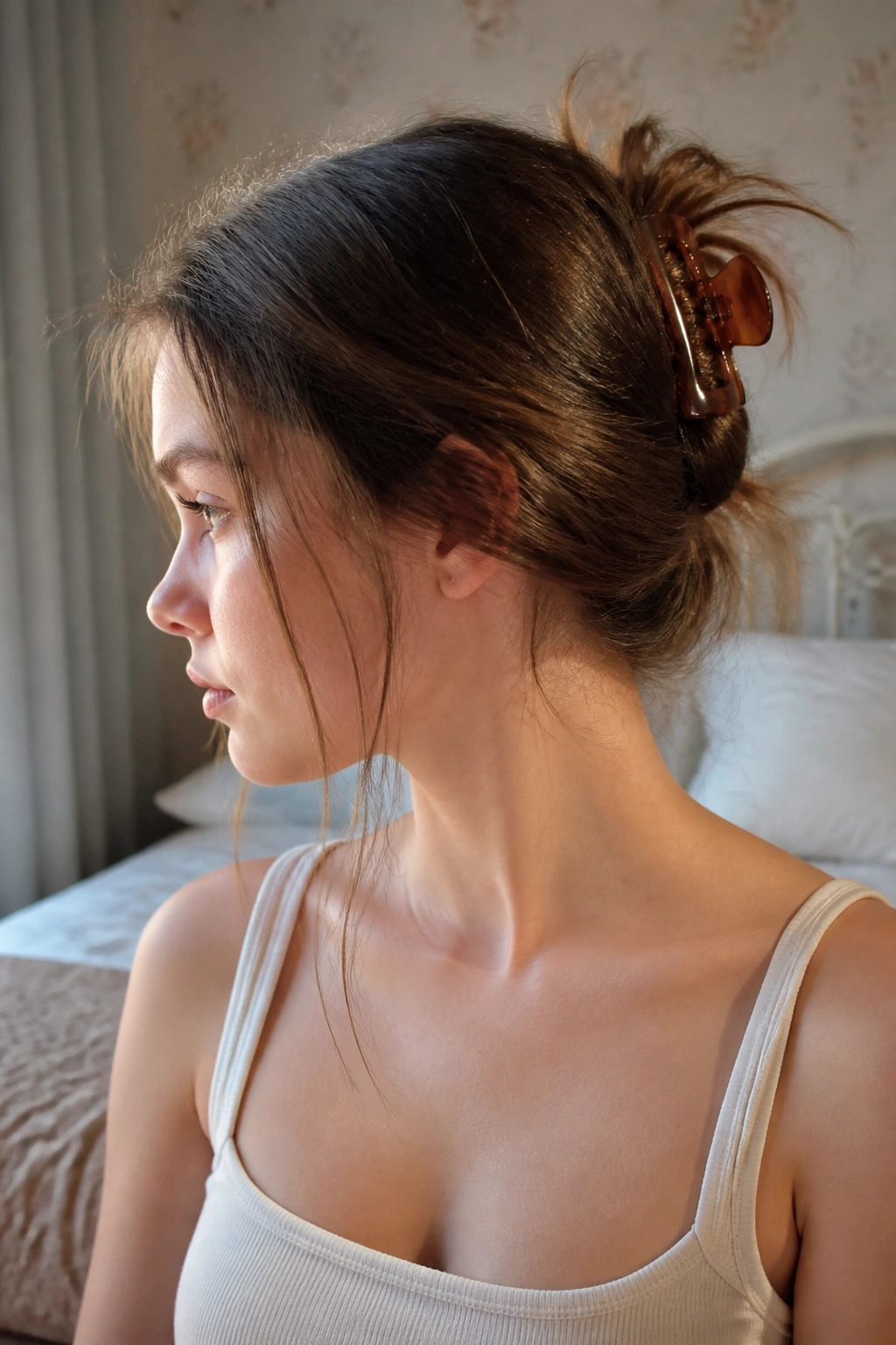 Teen girl showing claw clip twist hairstyle with clip visible
