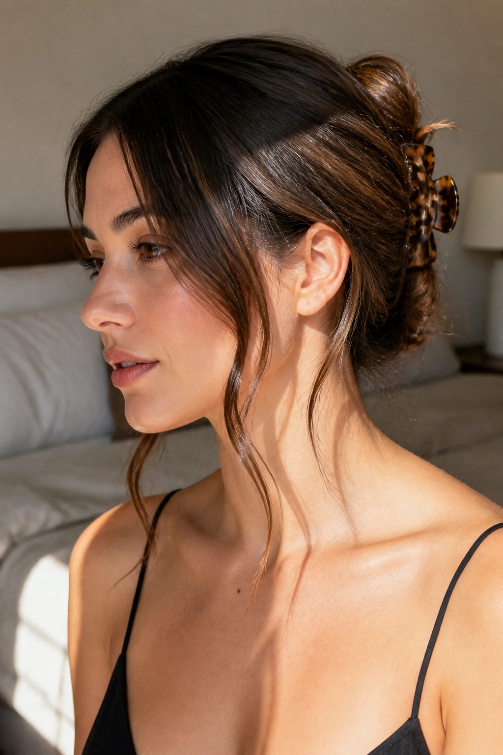 Close-up of a woman with claw-clip twist hairstyle and face-framing tendrils