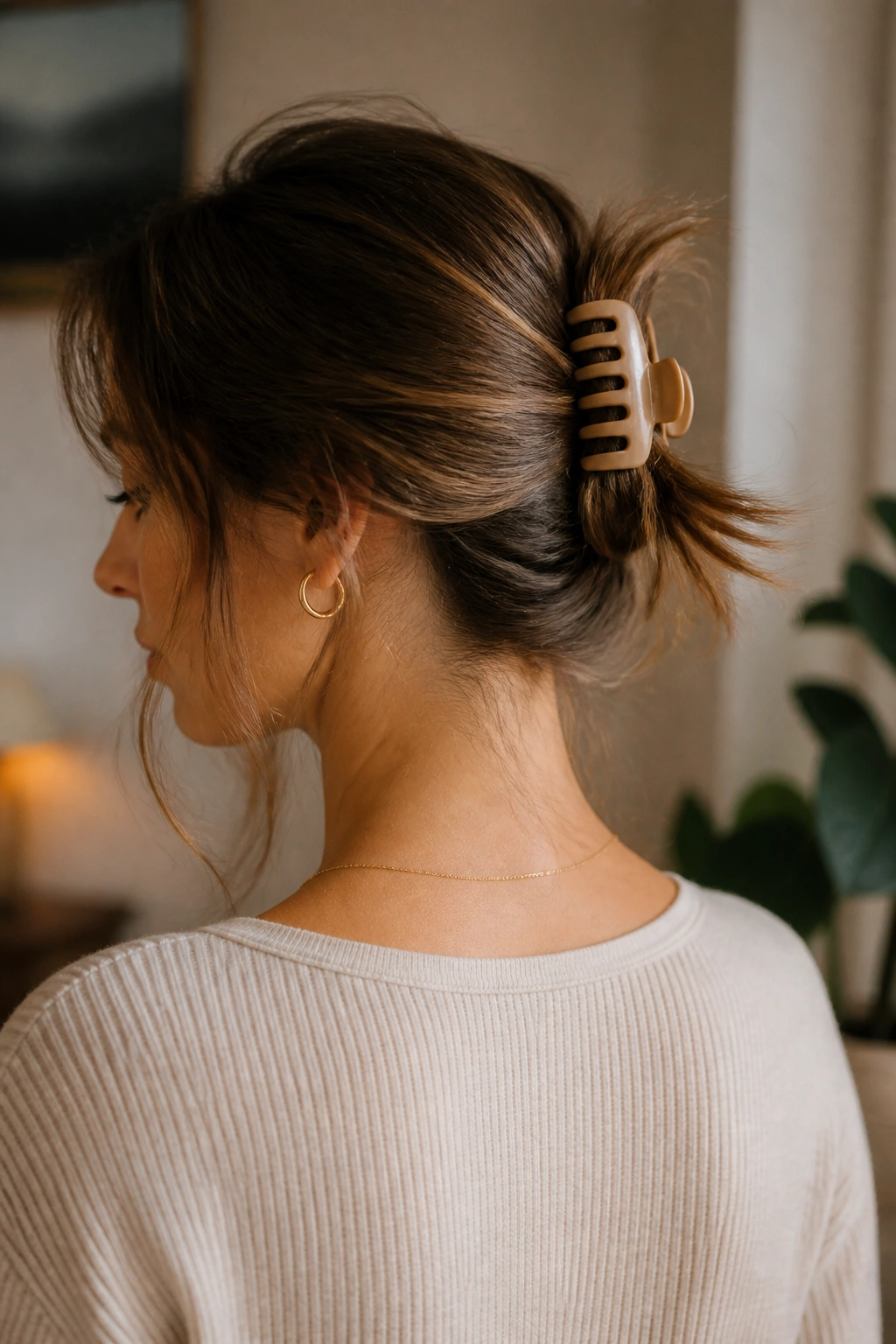 Close-up of a real woman with a claw clip twist hairstyle in a softly lit room