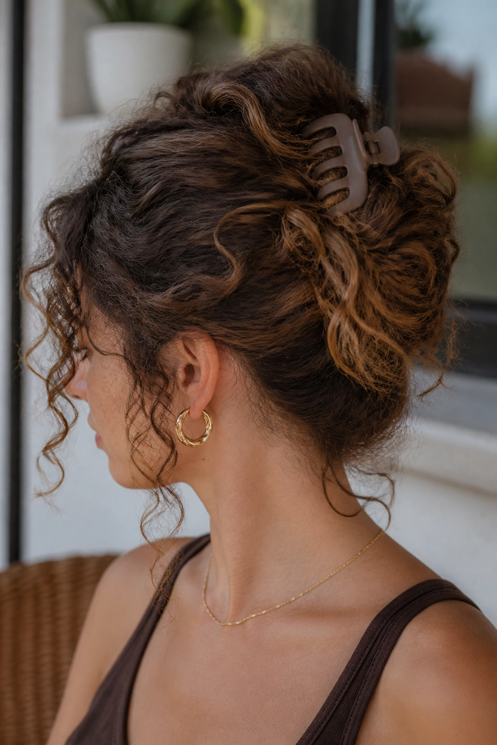 Real woman with a claw-clip twist-up hairstyle leaving the ends out
