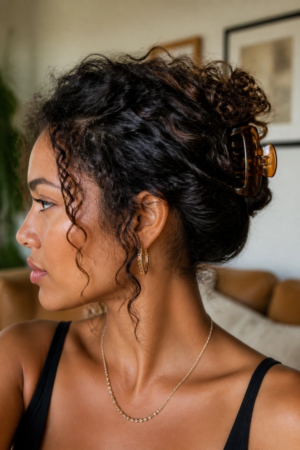 Close-up of a real woman's curly hair in a claw clip twist-up.
