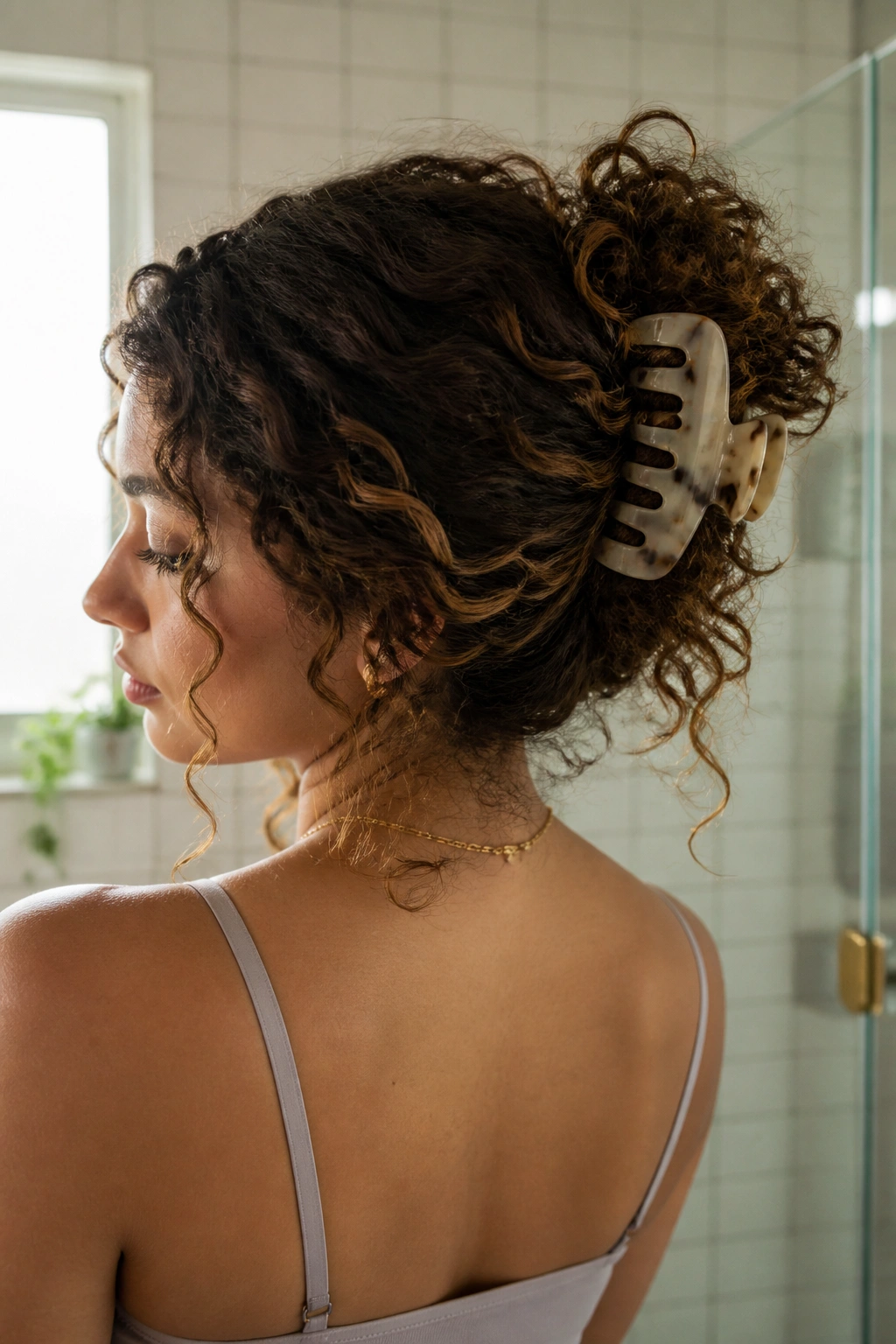 Close-up of a real woman with a claw clip twist-up in thick curly hair