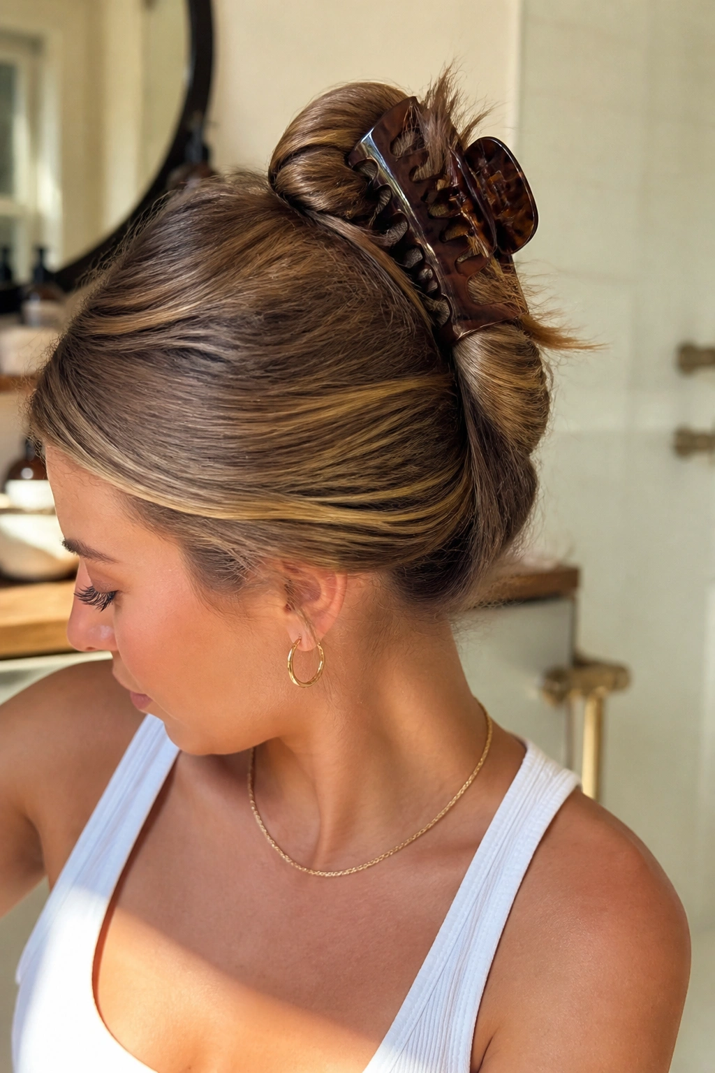Close-up of a real woman with a twist secured by a claw clip near the crown.