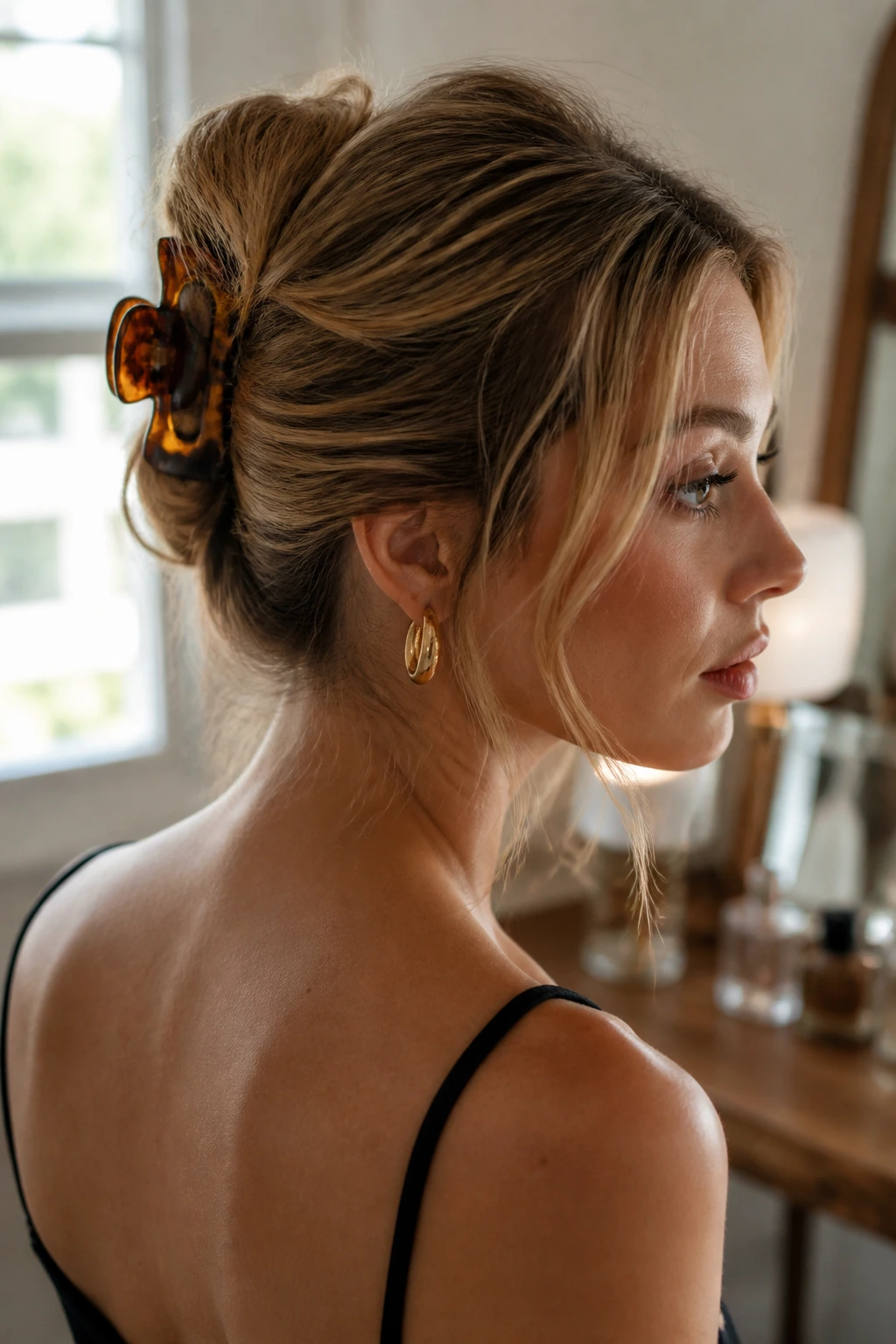 Close-up of a real woman with a claw-clip French twist under warm window light