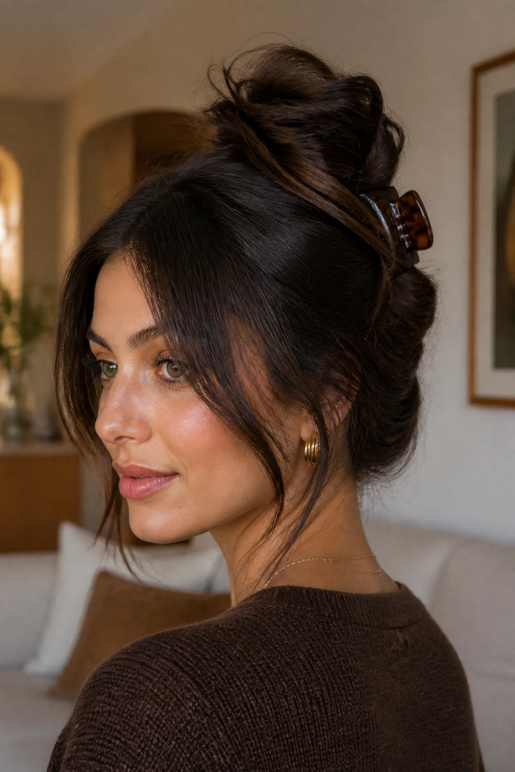 Close-up of a woman with a high claw-clip twist in warm living room light