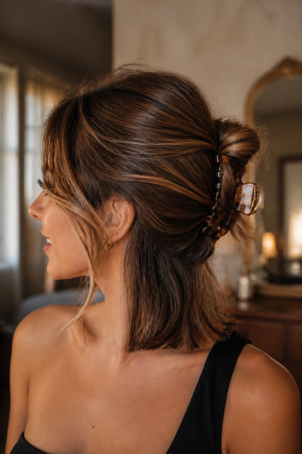Close-up of a real woman's shoulder-length hair twisted and clipped with a claw clip for added crown volume