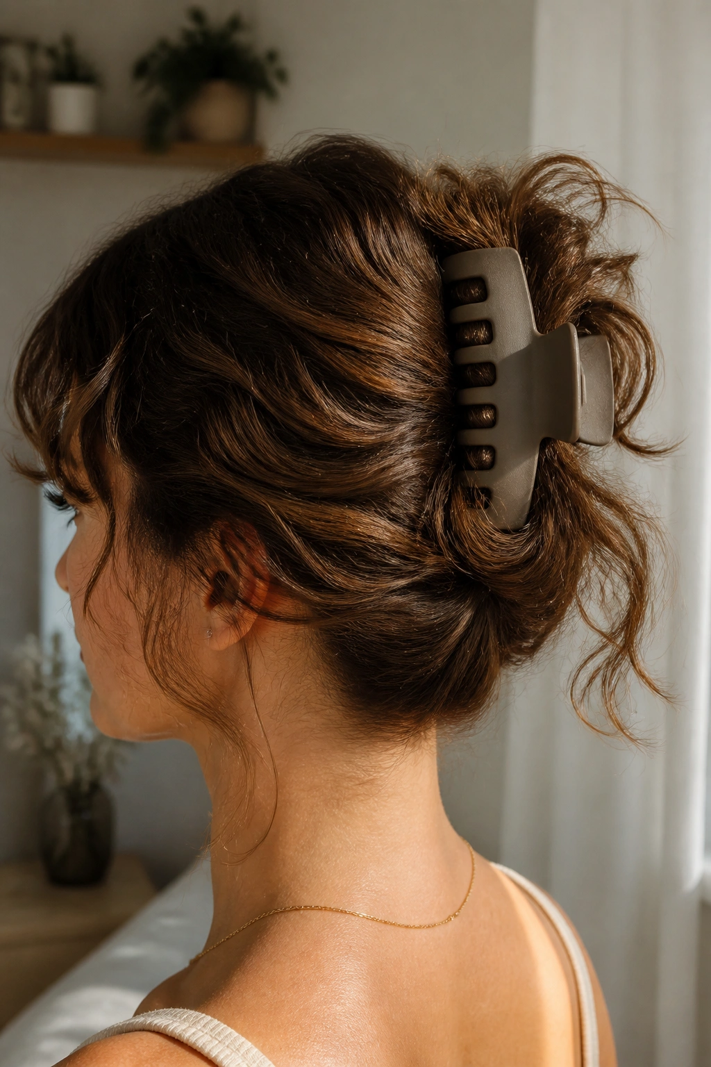 Real woman with claw clip French twist showing waves