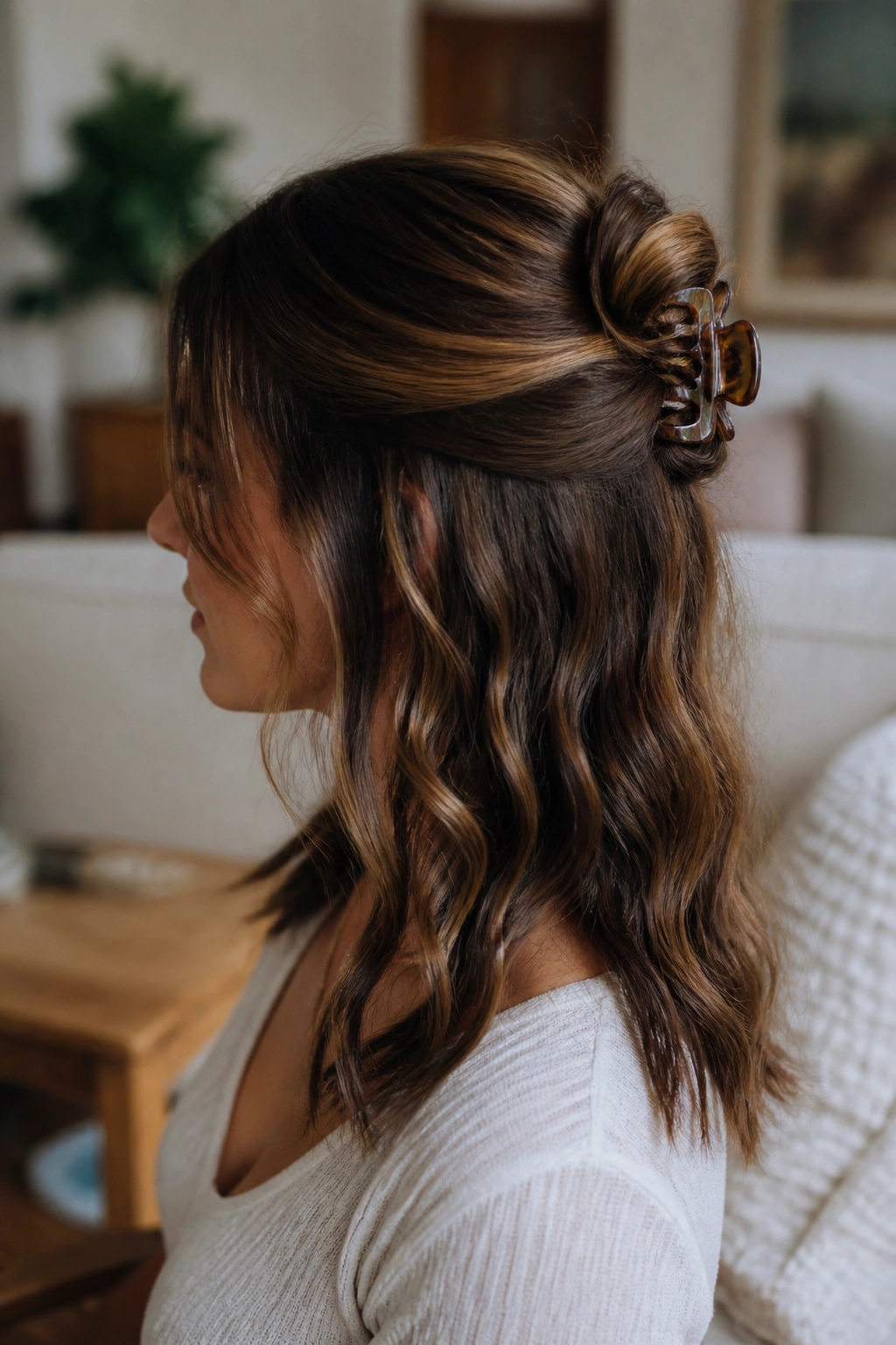 Real woman with top half twisted and clipped with a claw clip