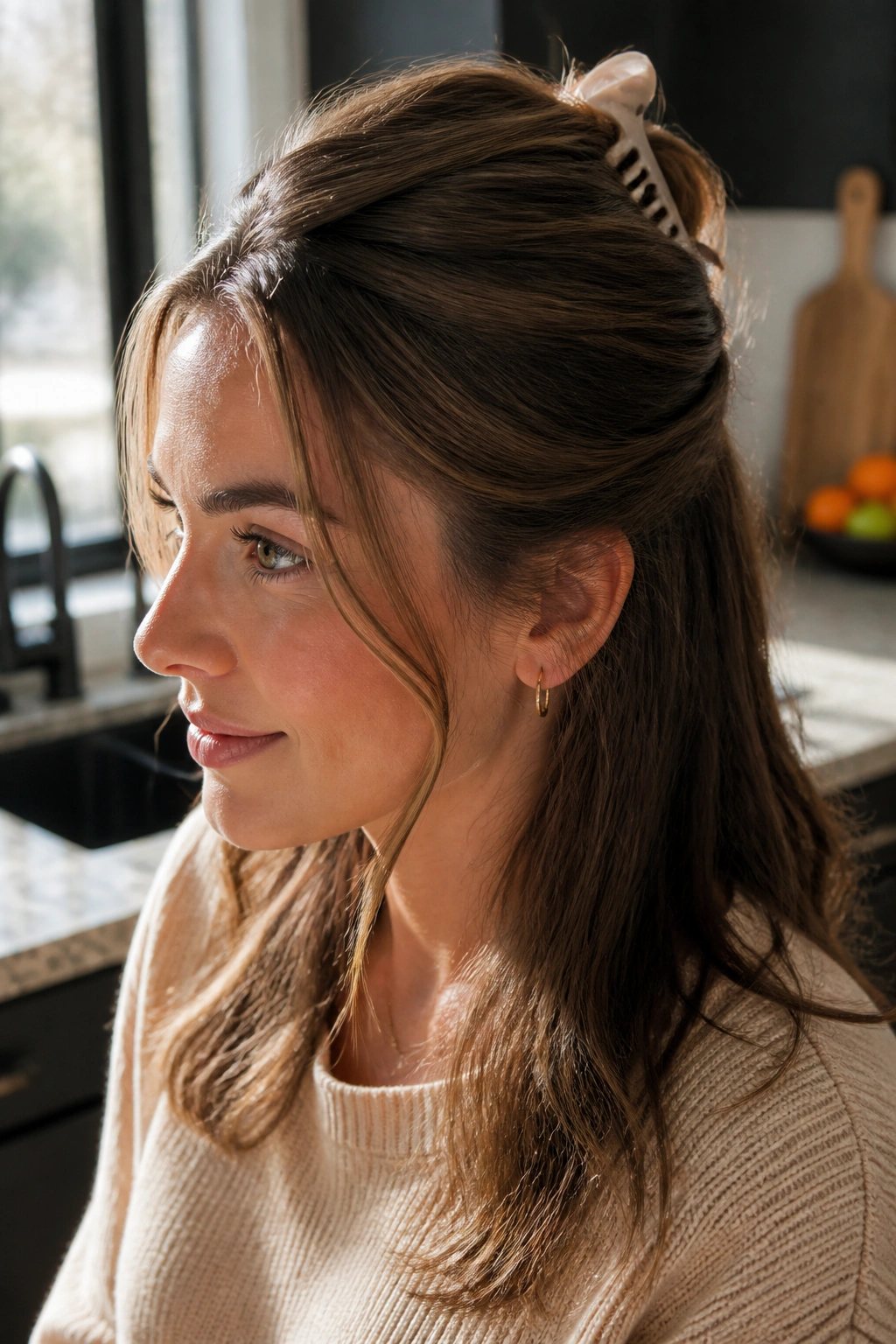 Close-up of a woman with a claw clip half updo in a sunlit kitchen