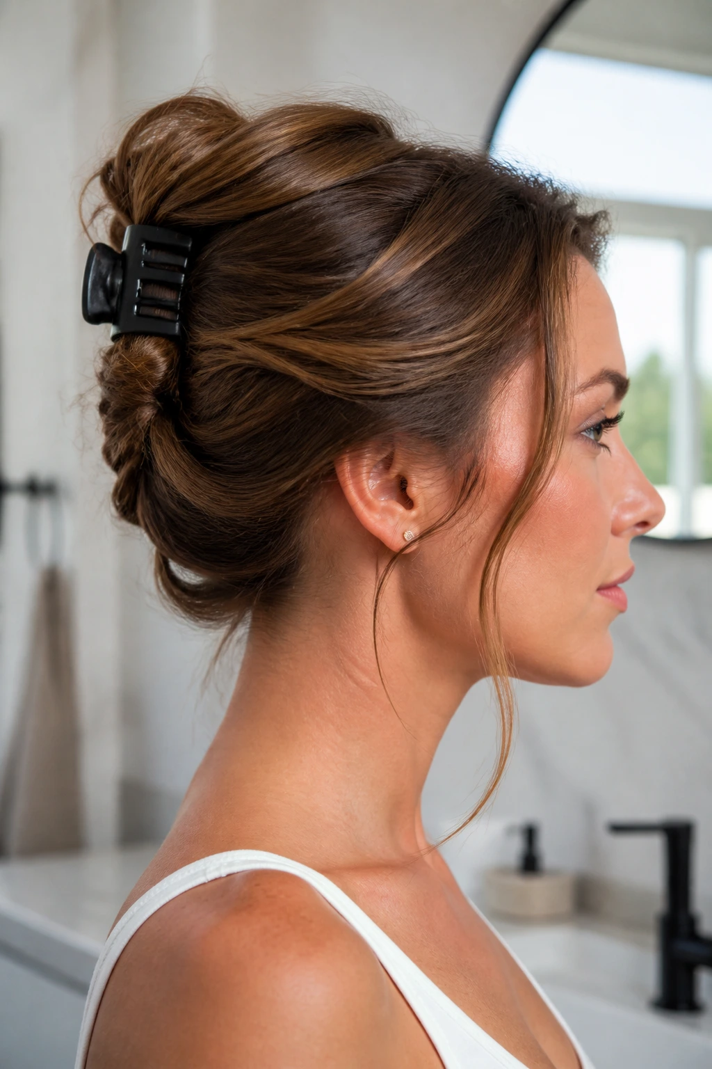 Side profile of faux updo anchored by a claw clip