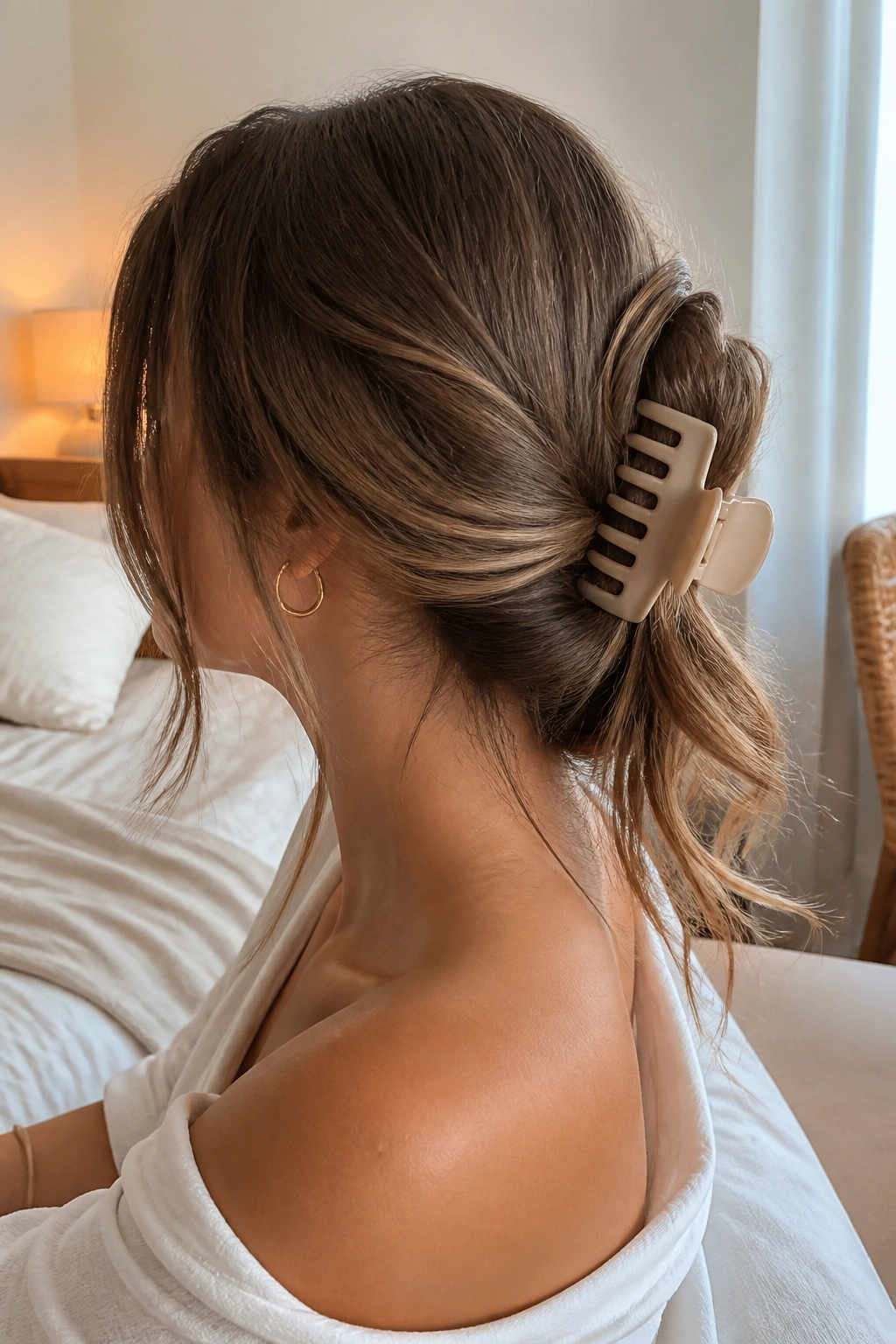 Close-up of a real woman with long wavy hair twisted and secured by a large claw clip at the nape