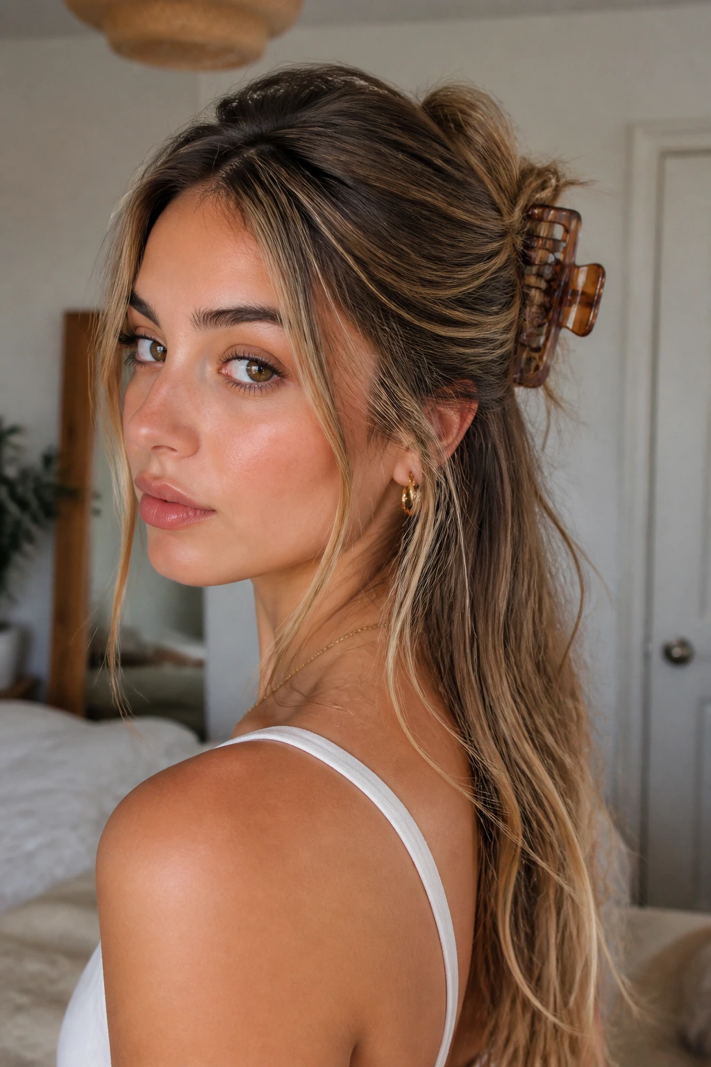 Close-up of a real woman with a claw-clip twist in a Y2K hairstyle