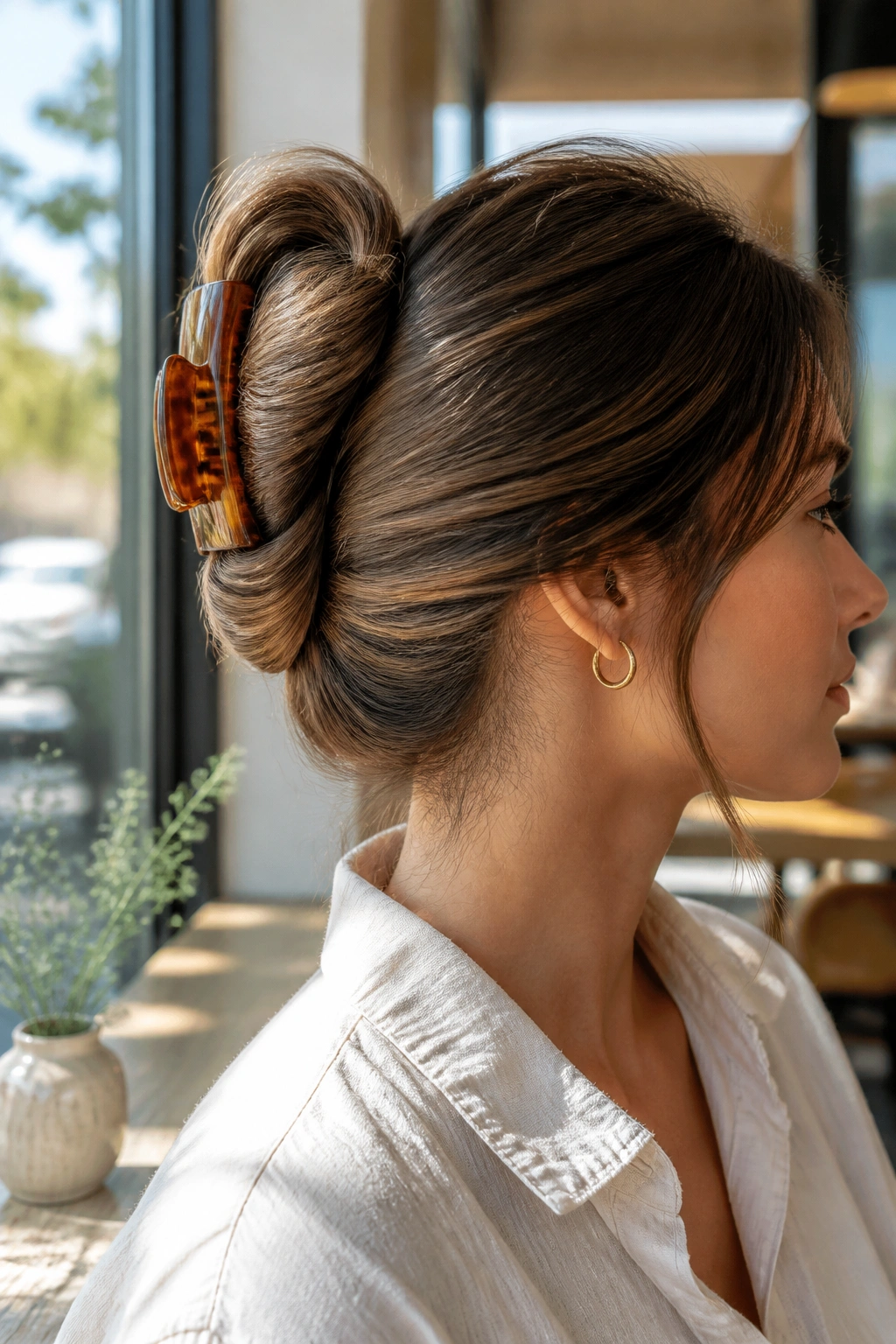 Claw clip twist bun on a real woman, polished bend visible from side profile