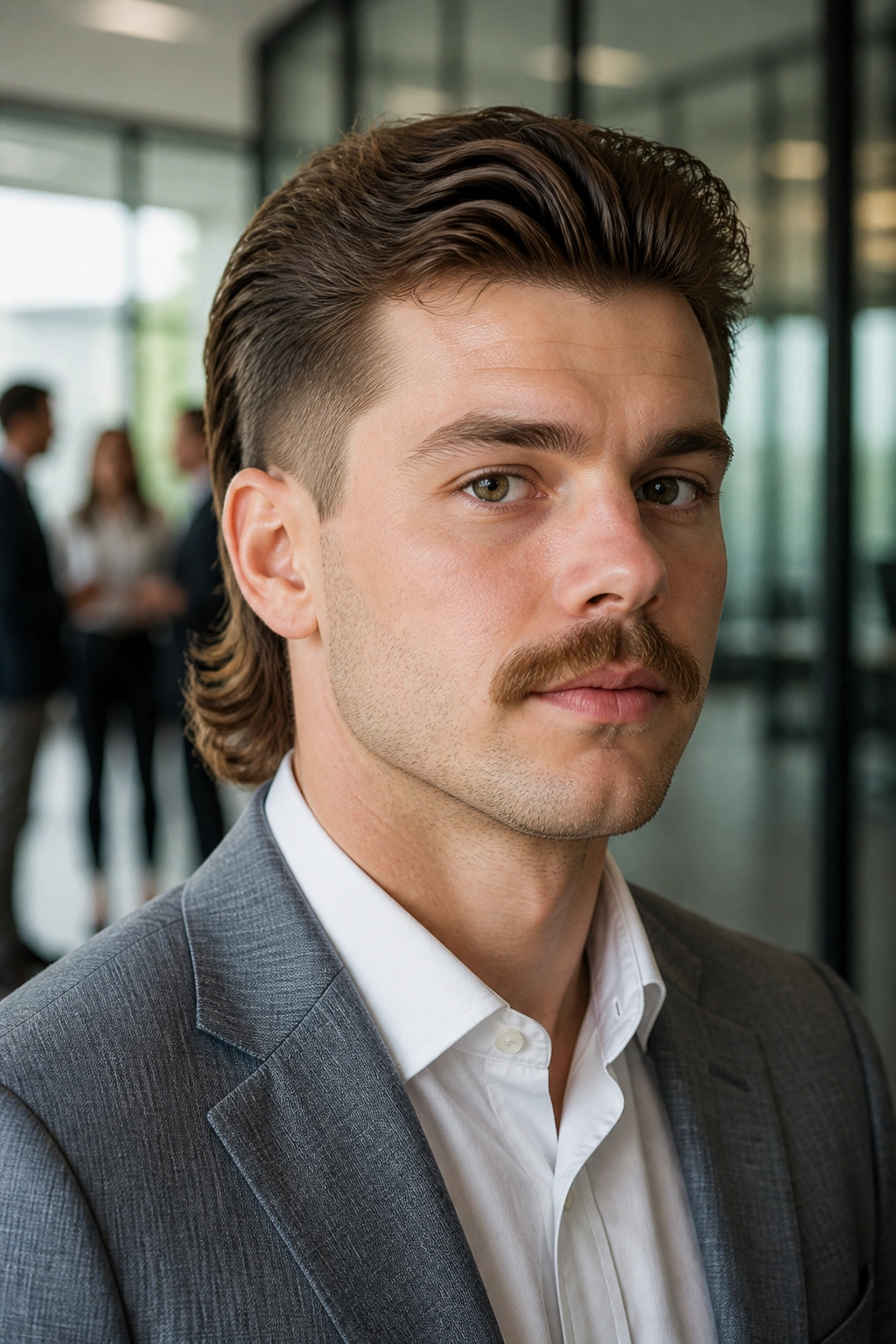 Close-up portrait of a real man with a clean office mullet in a modern office lobby