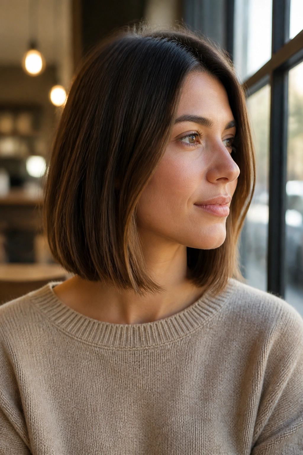 Portrait of a real woman with a clean perimeter minimal-maintenance bob at shoulder length