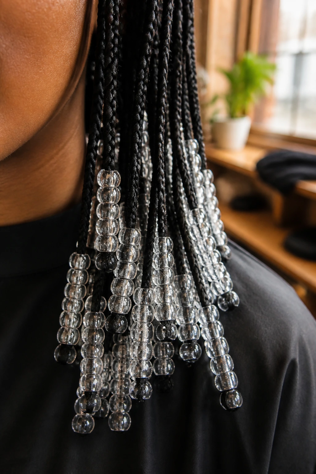 Close-up of clear acrylic beads on hair ends, hair around ends in a warm salon setting