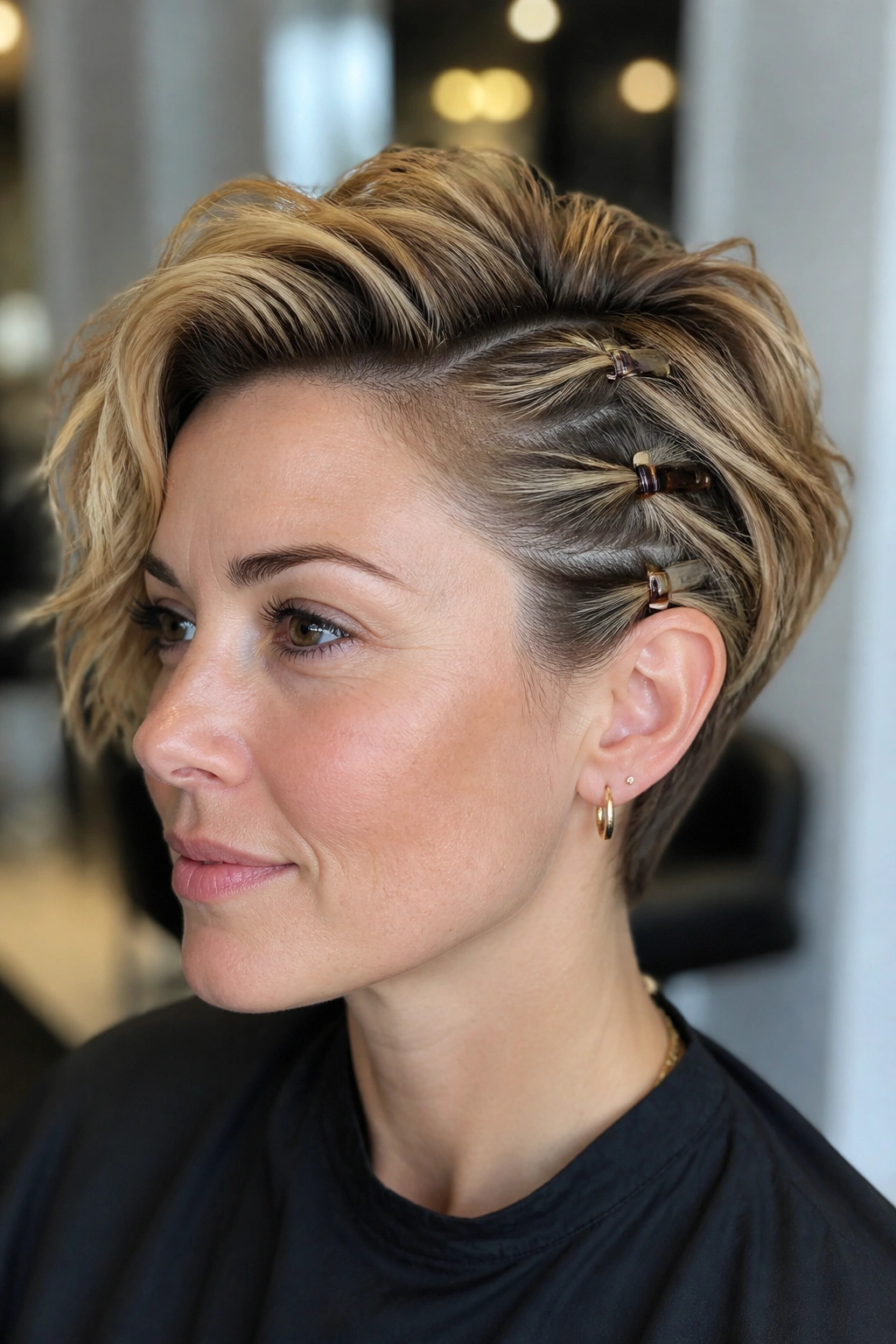 Close-up portrait of a real woman with a clip-ladder sweep hairstyle on pixie
