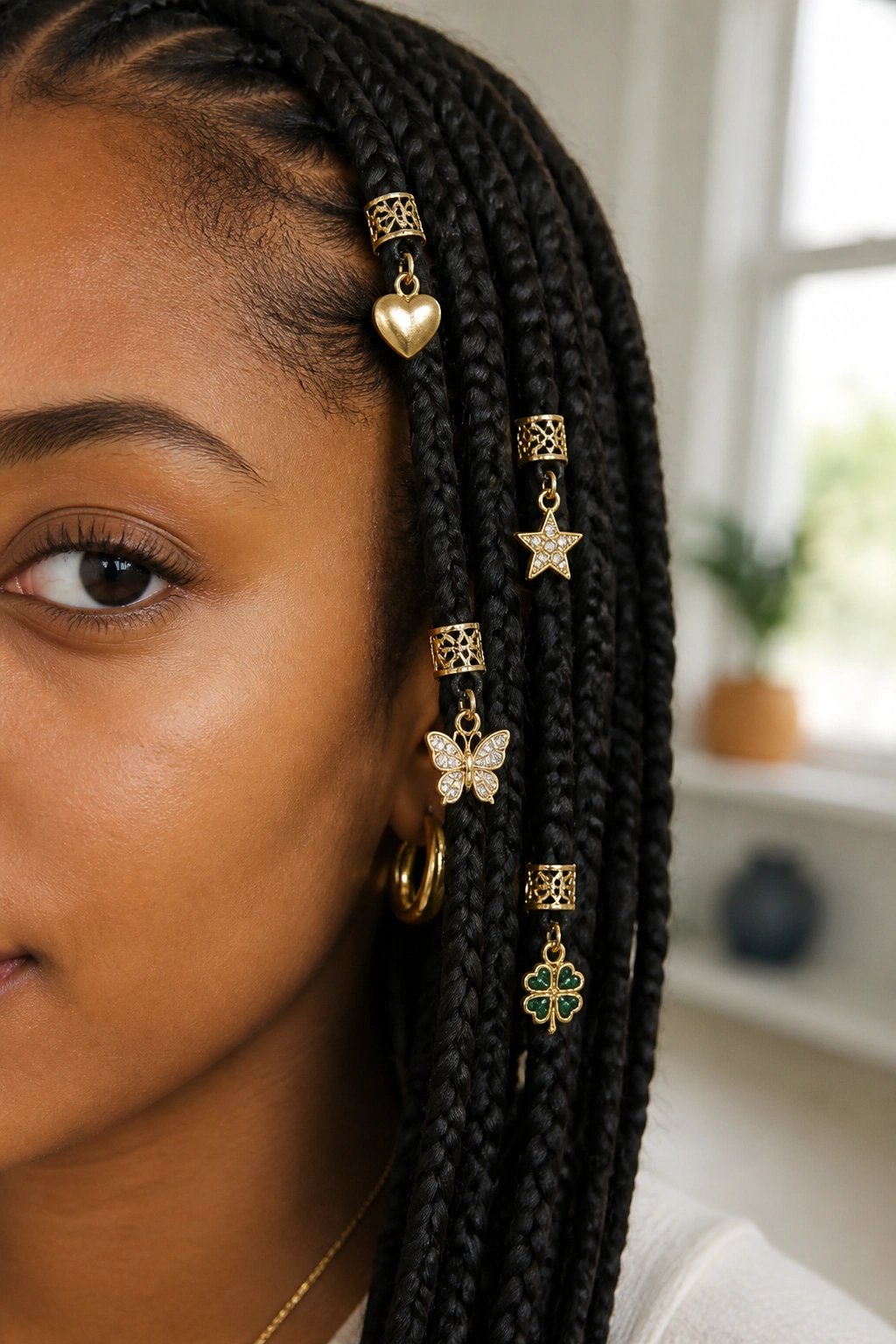 Close-up of a real person's braid with multiple clip-on charms along the front