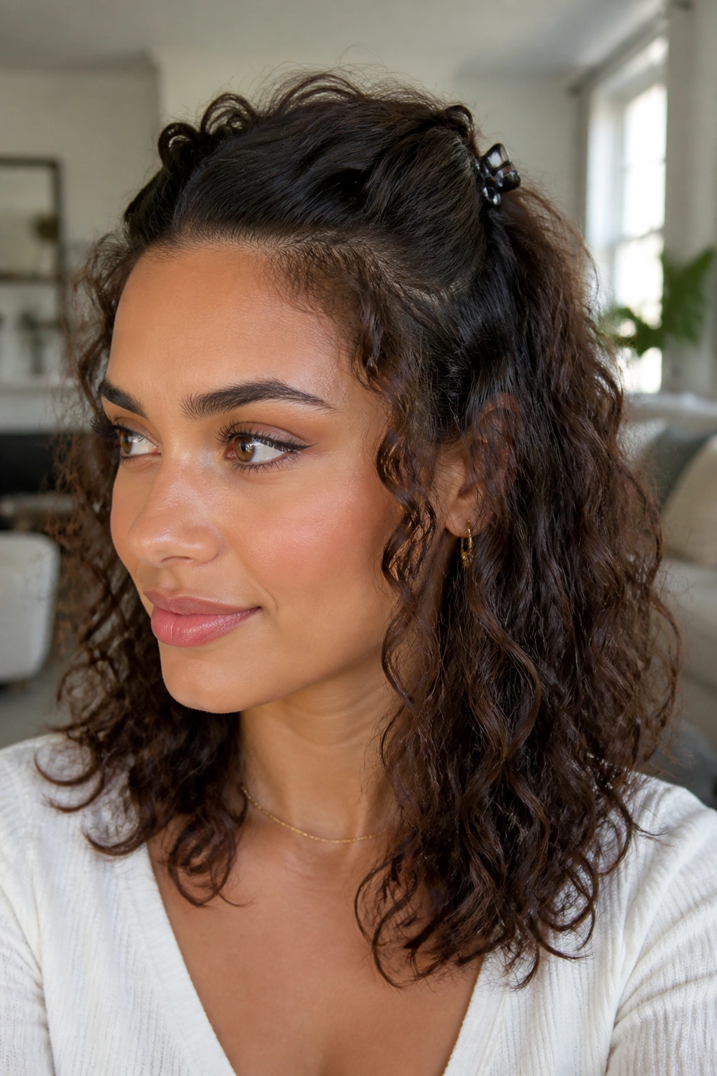 Close-up of a real woman showing a clipped-back crown with loose textured curls