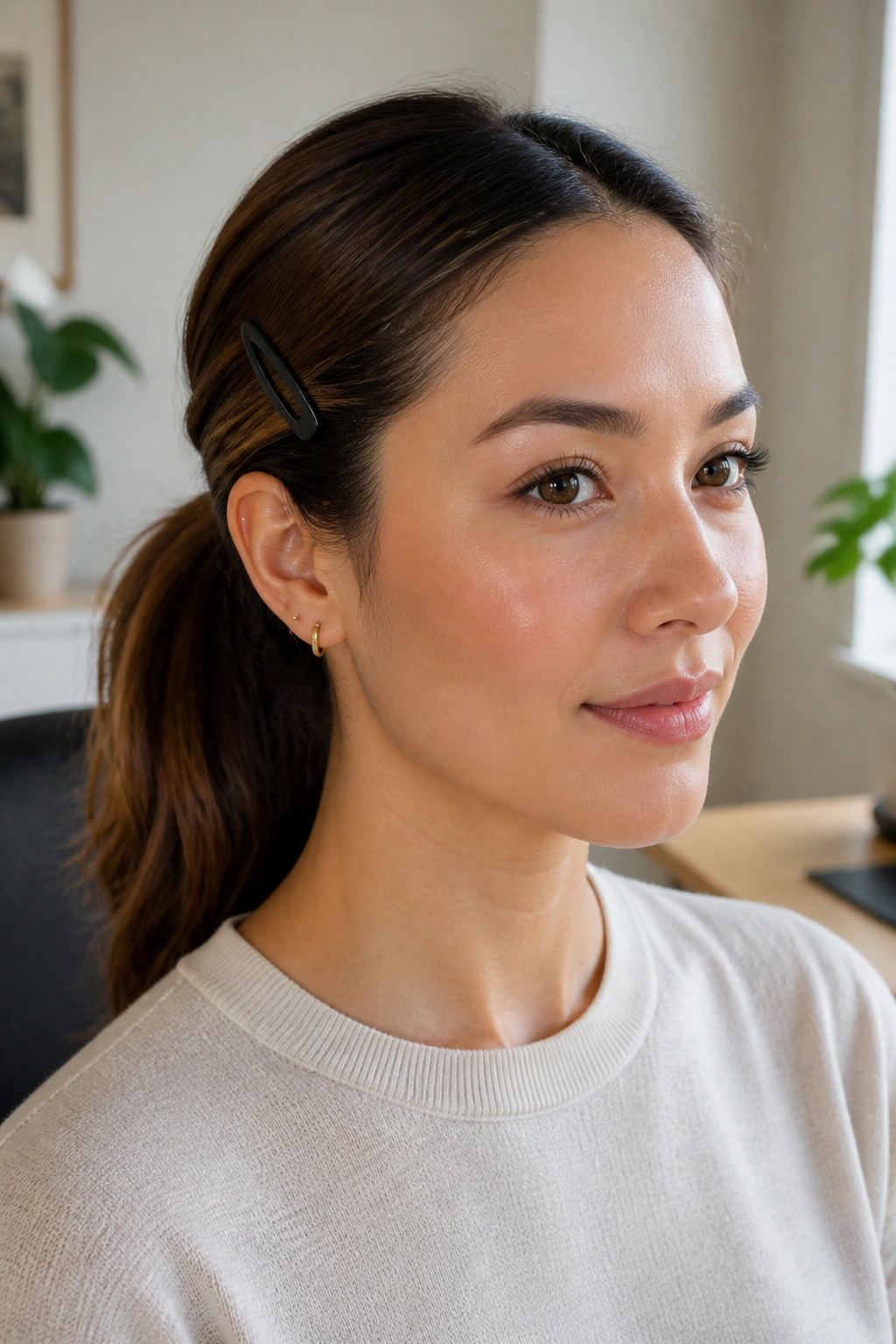 Close-up portrait of a real woman with a clipped-back ponytail in a workspace