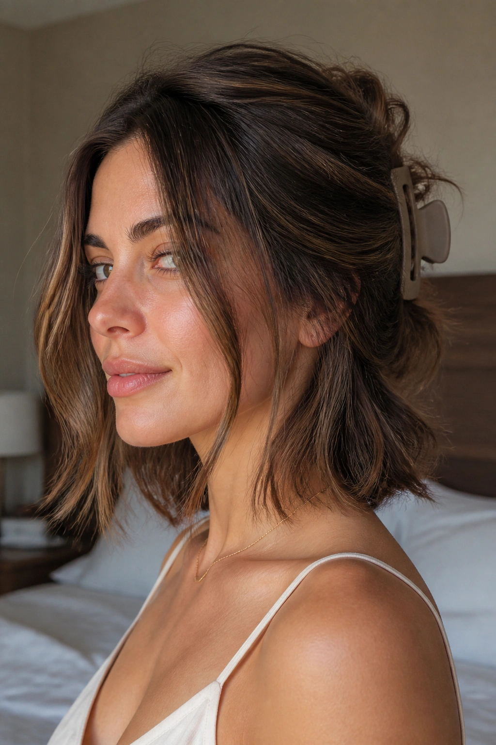 Close-up portrait of a woman with clipped-back tousle and face-framing pieces in warm window light