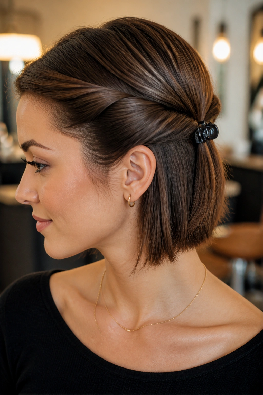 Close-up of real woman with a clipped-back twist on short hair