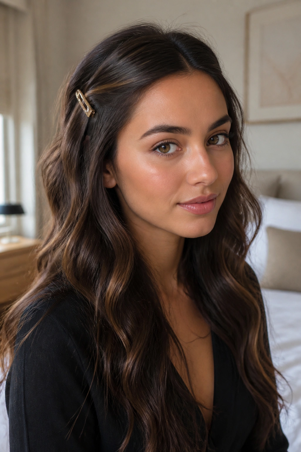 Portrait of a woman with front sections clipped back revealing loose waves.
