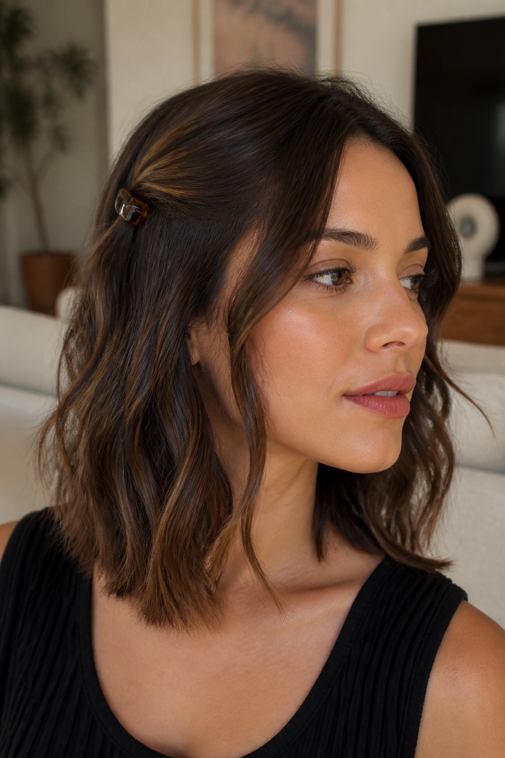 Close-up of a real woman with a clipped-back soft waves hairstyle