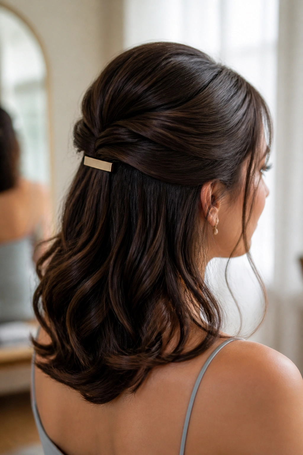 Real woman with clipped half-up volume hairstyle in bridal prep room.