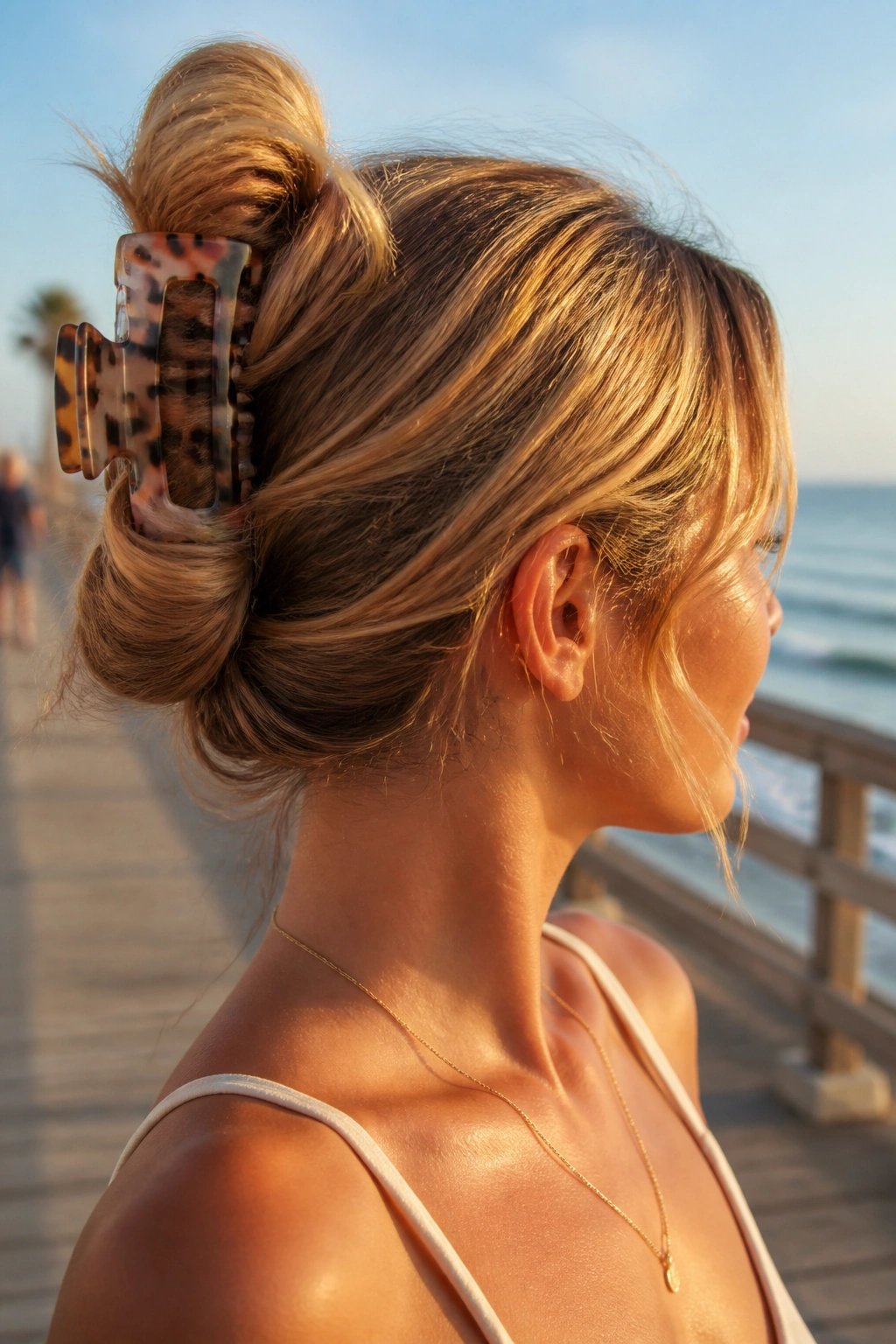 Close-up of a woman with a clipped twist bun on the beach