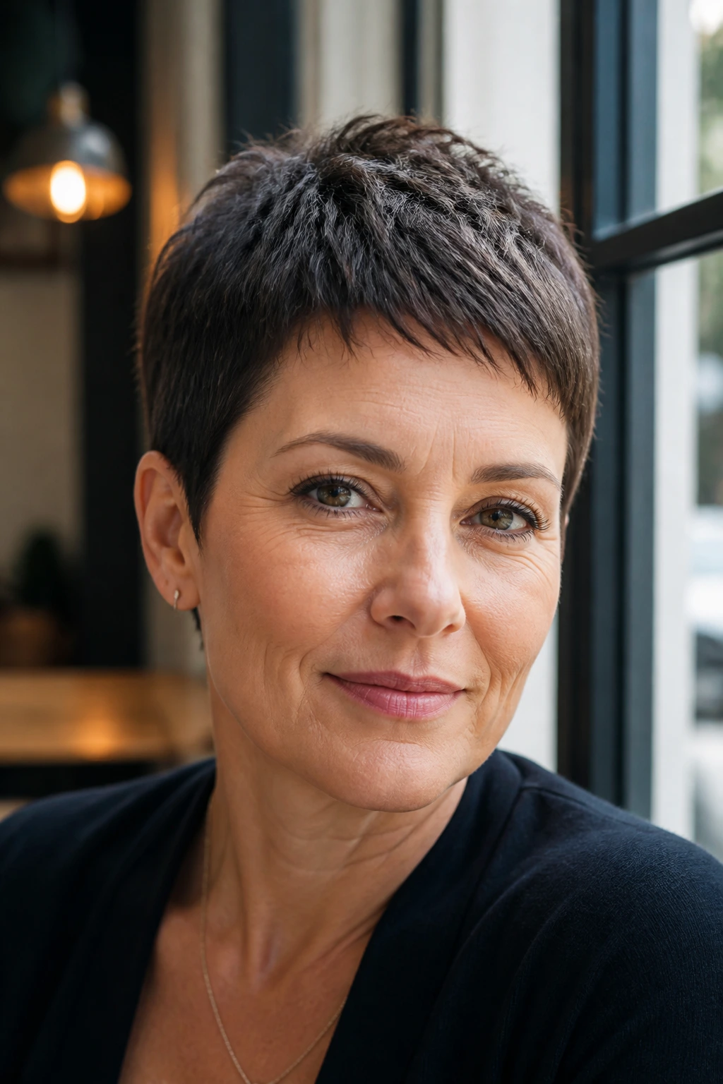 Real woman with close-cropped French pixie and soft fringe in bright cafe light