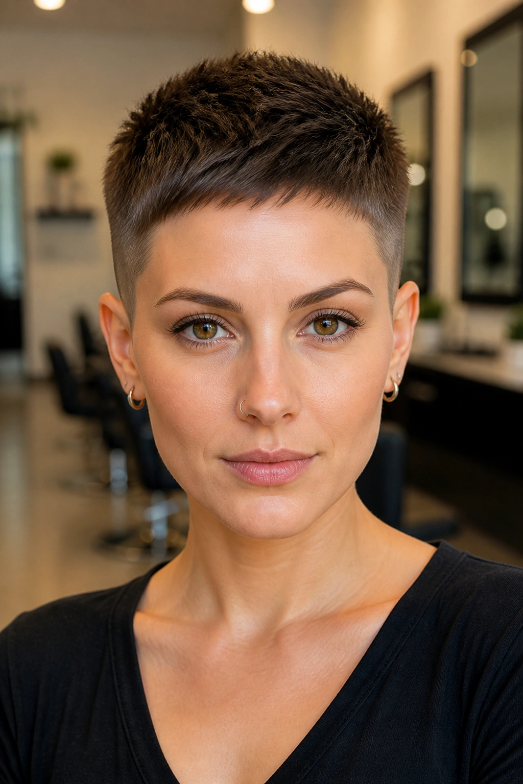 Close-up of a real person with a close-cropped pixie undercut in a modern salon