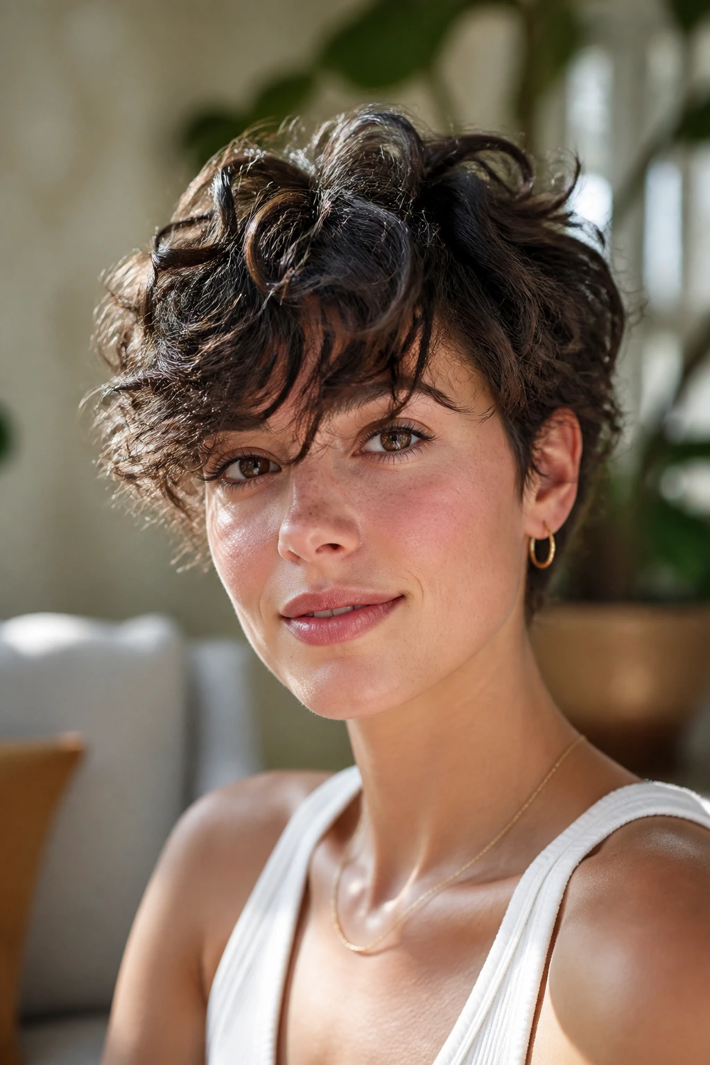 Close-up of a real woman with a cloud crop and long fringe under warm window light