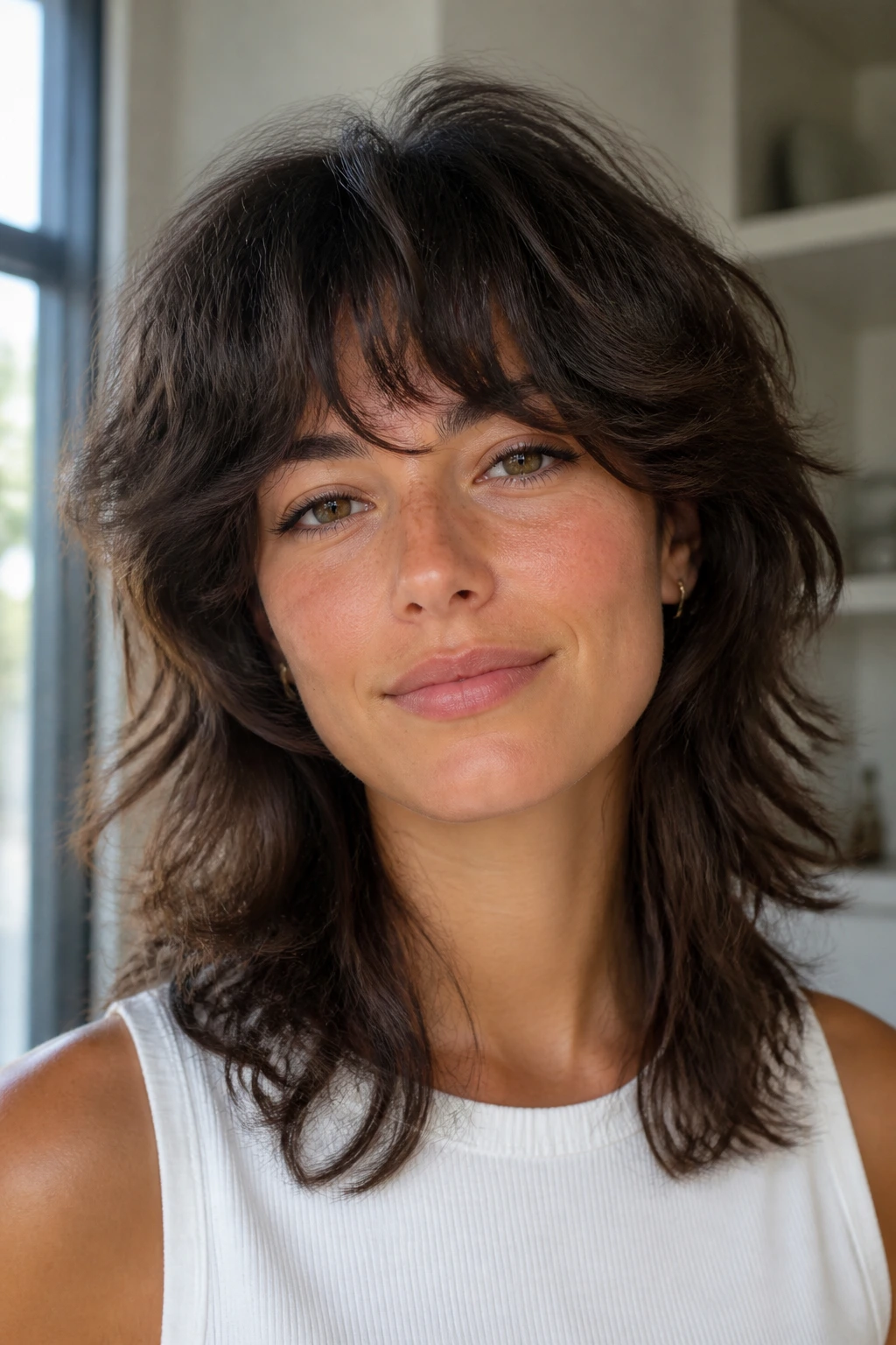 Portrait of a real person with coarse thick hair styled in a soft layered shag
