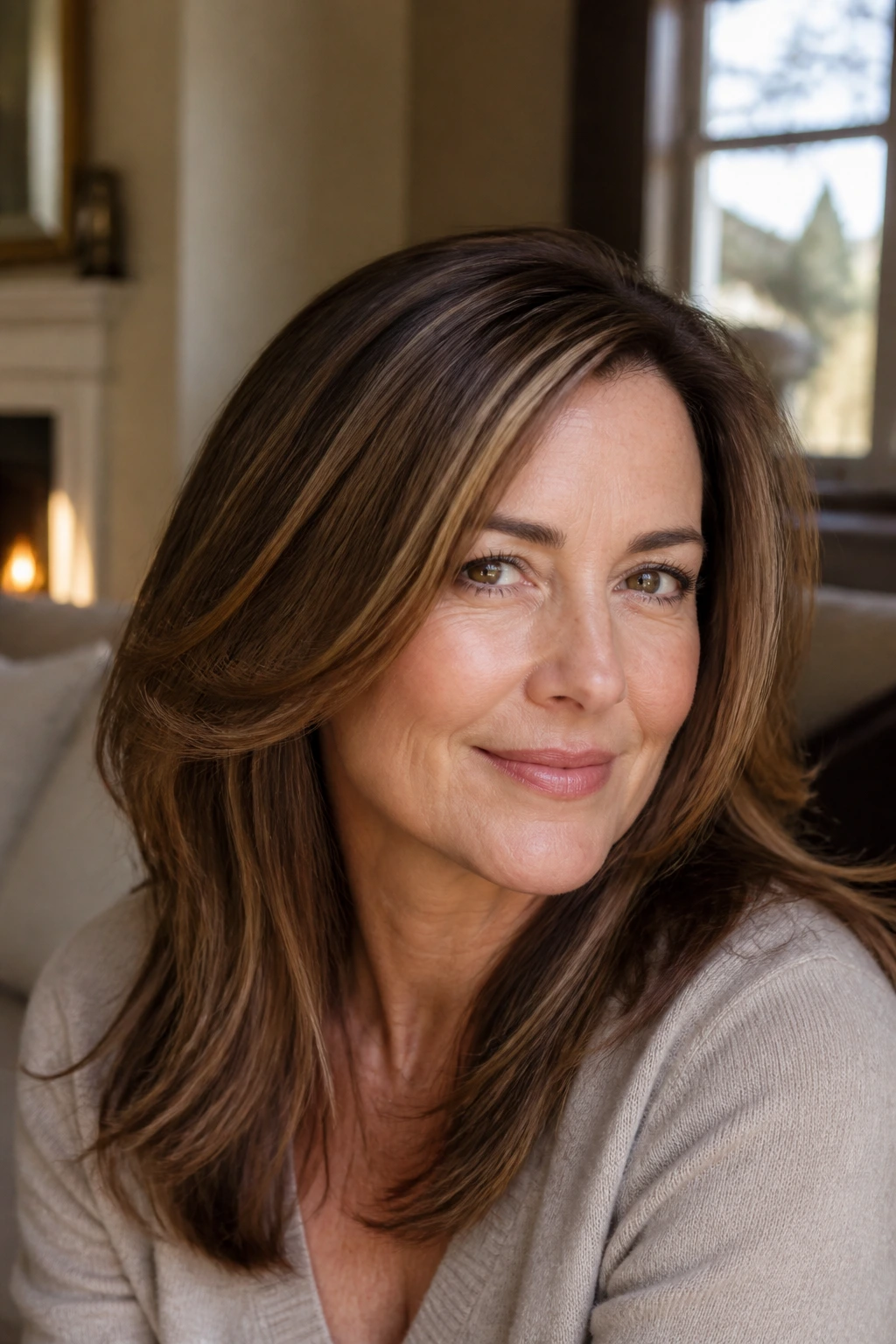 Close-up of a real woman with cocoa brown hair and cream babylights, dimensional sun-kissed highlights