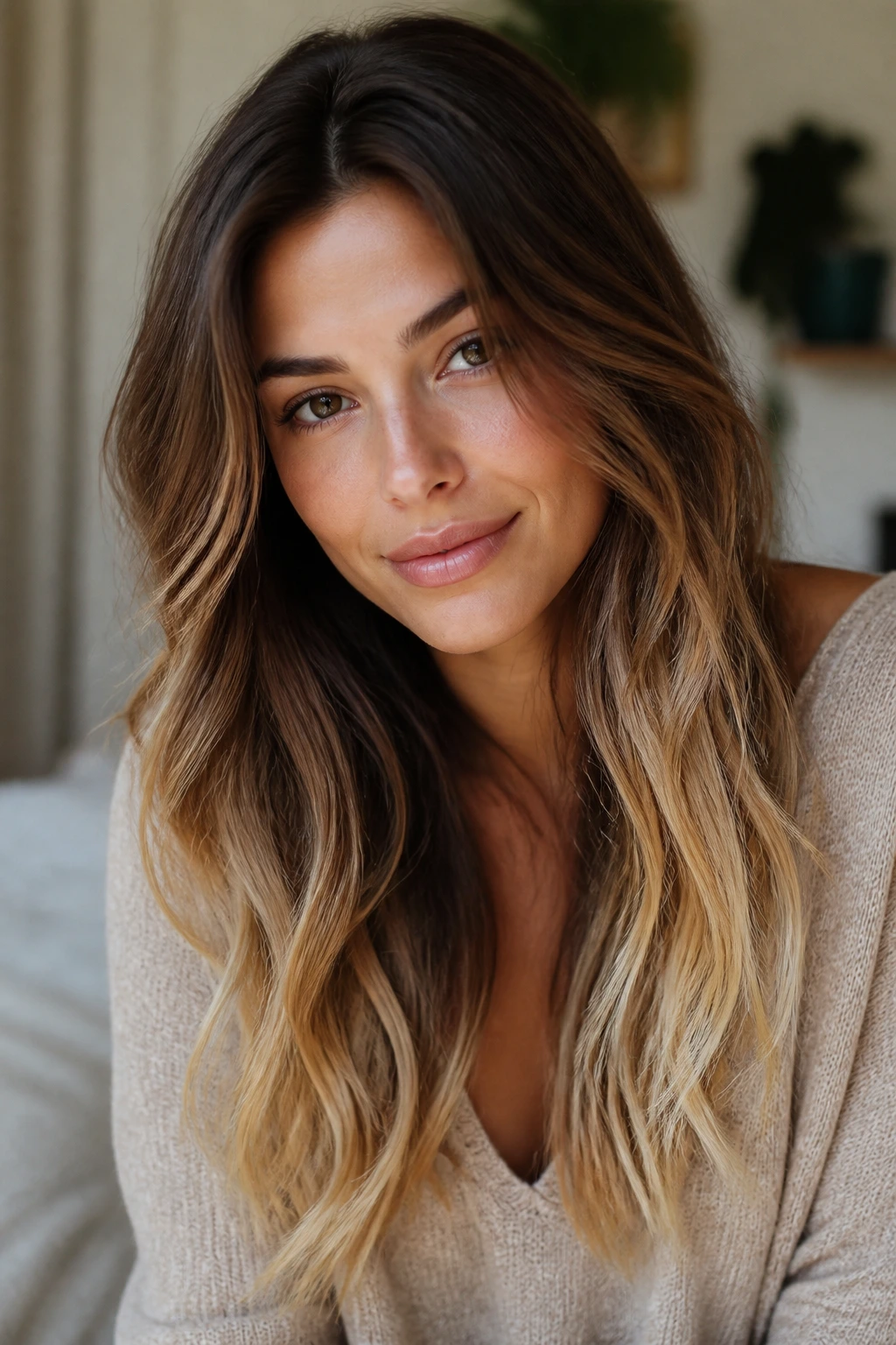 Close-up of a real person with cocoa brown roots fading to creamy ends