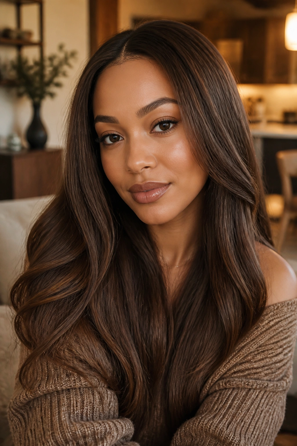 Close-up of a real woman with cocoa brown hair and soft gloss in warm indoor lighting