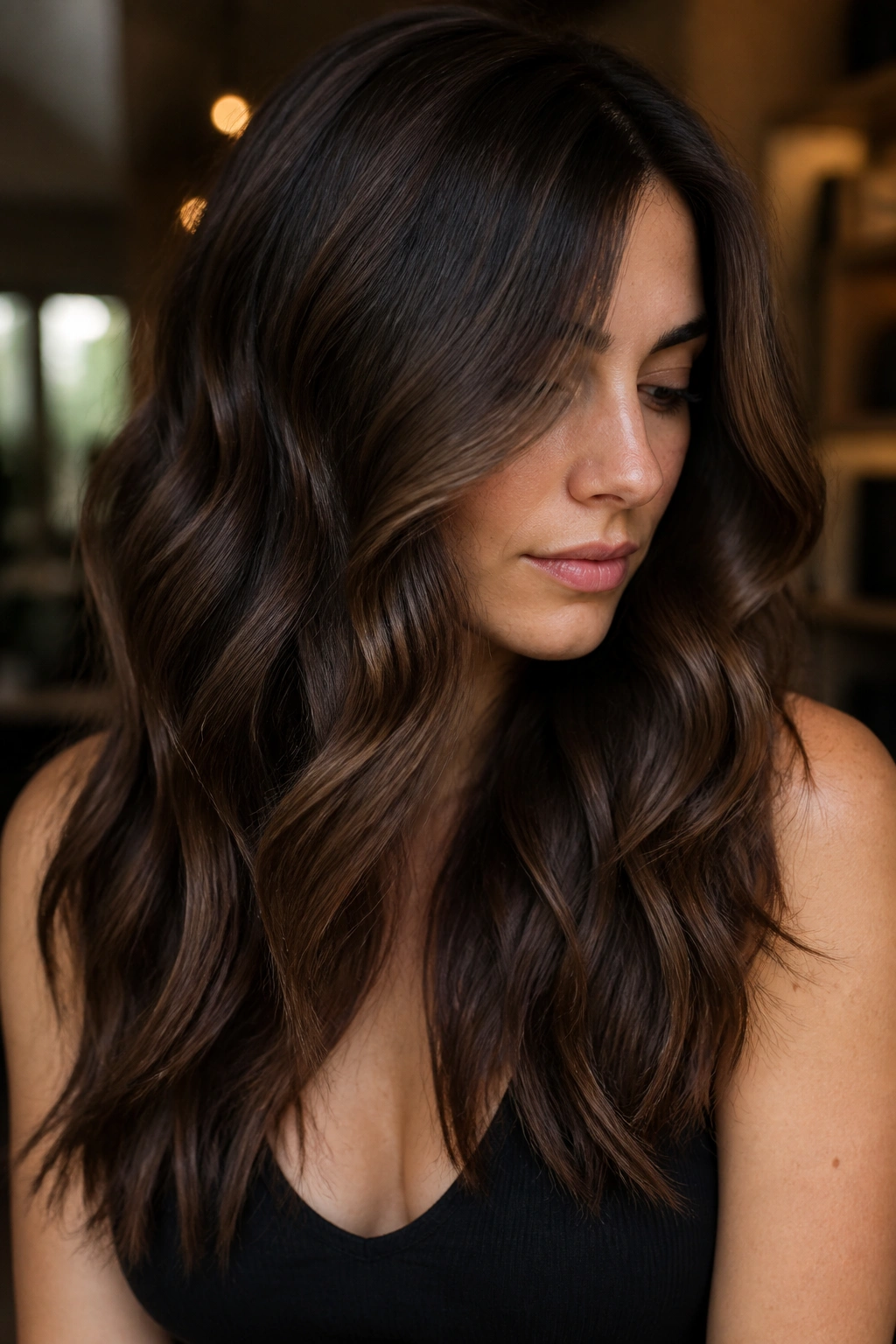 Close-up of a real person with cocoa brown hair and soft lowlights in waves
