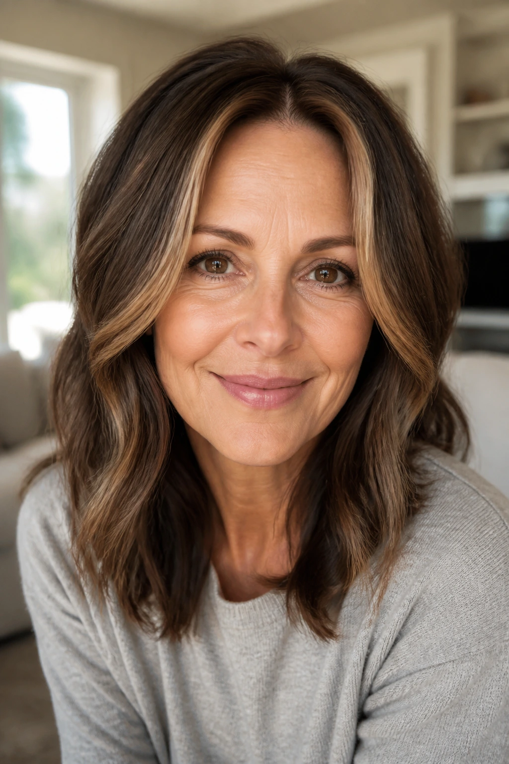 Close-up portrait of cocoa brown hair with face-framing money-piece highlights.