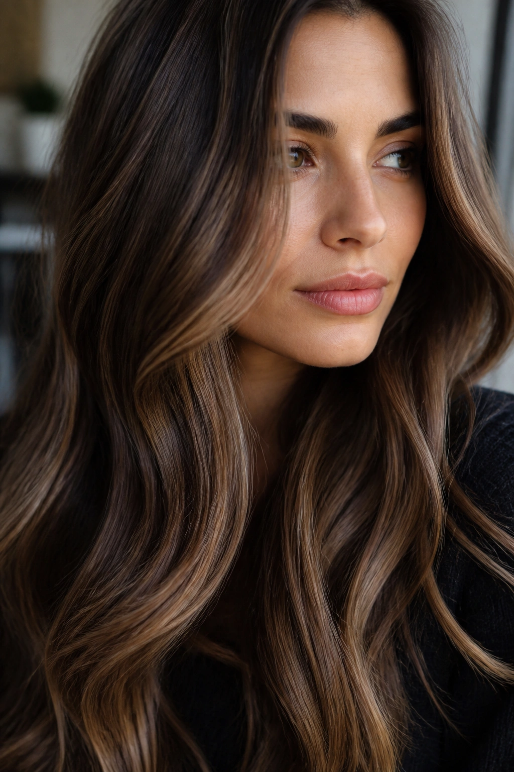Close-up of a woman with cocoa brunette base and fine cashmere beige highlights in soft waves