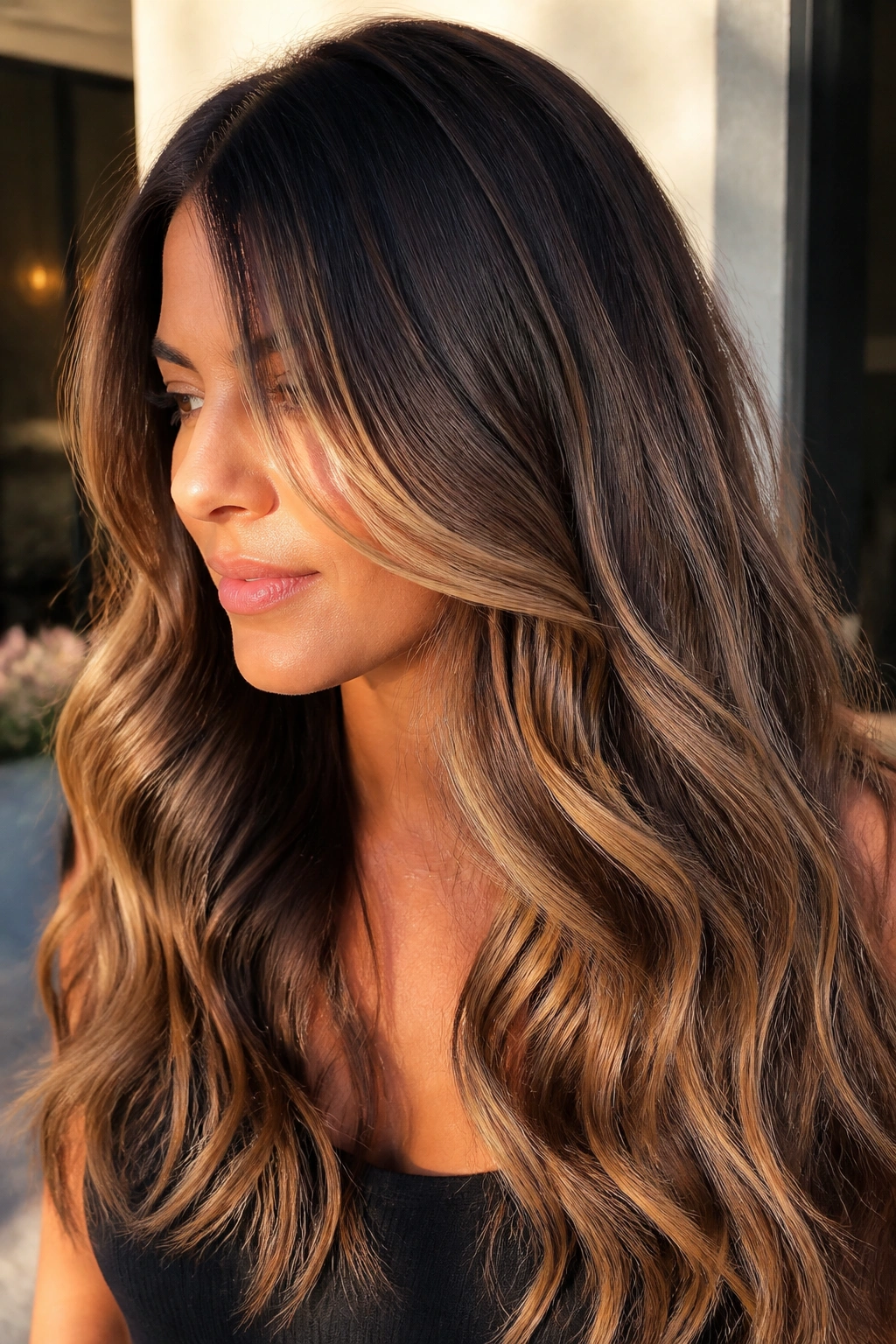 Close-up portrait of cocoa and champagne balayage with deep base and champagne highlights