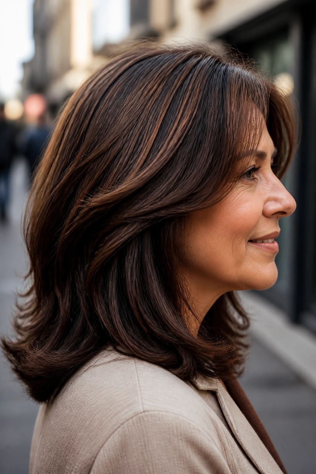 Real woman with cocoa and espresso color blocking hair