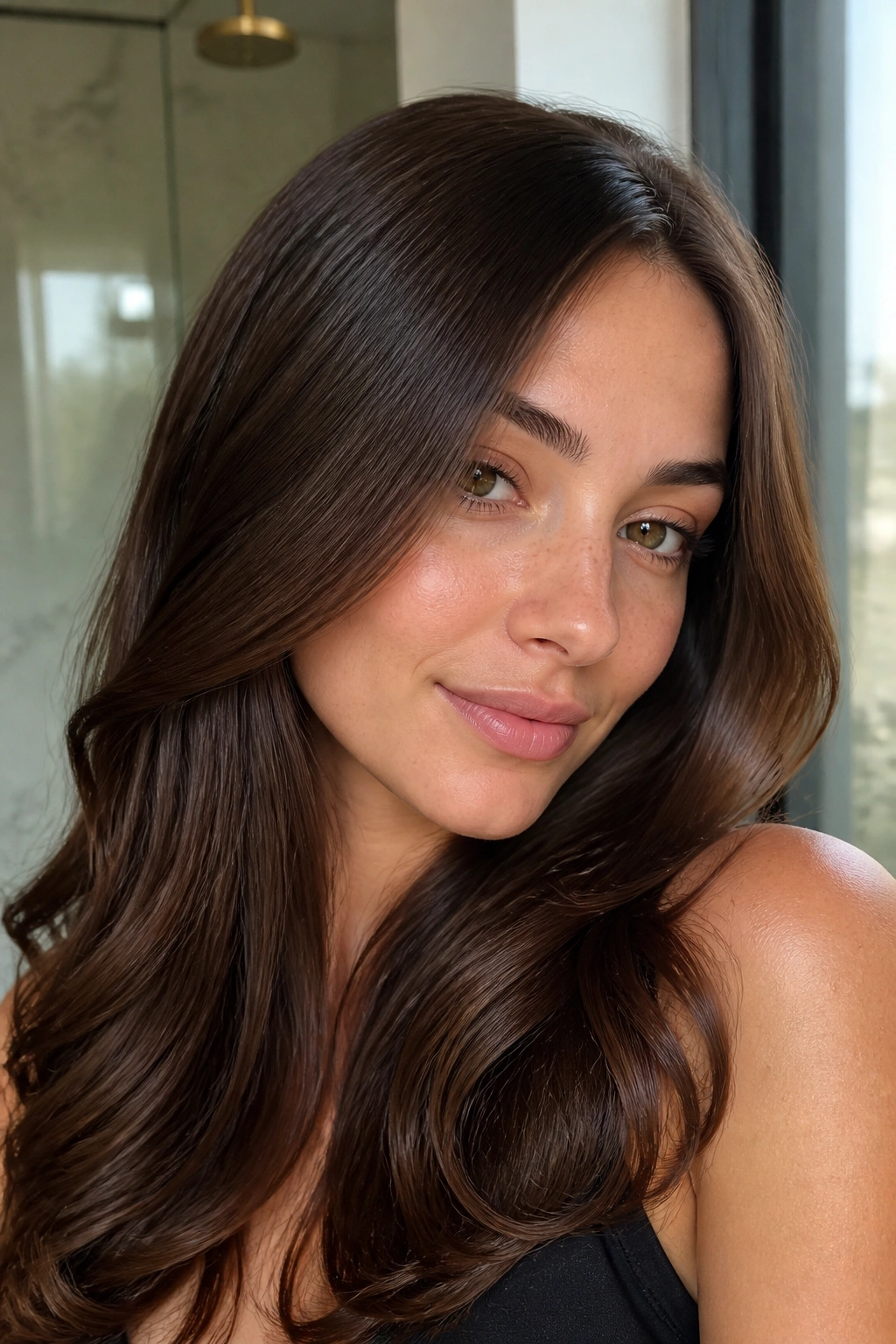 Close-up portrait of a person with cocoa gloss brown hair catching soft light
