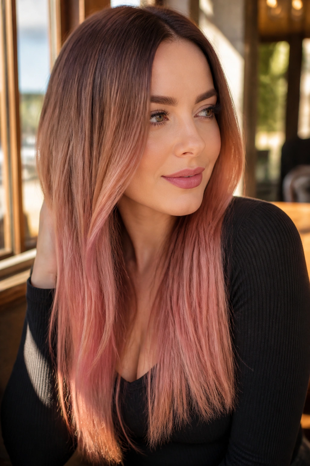 Close-up of a real woman with cocoa-root to rose-gold ends on straight hair in warm cafe light