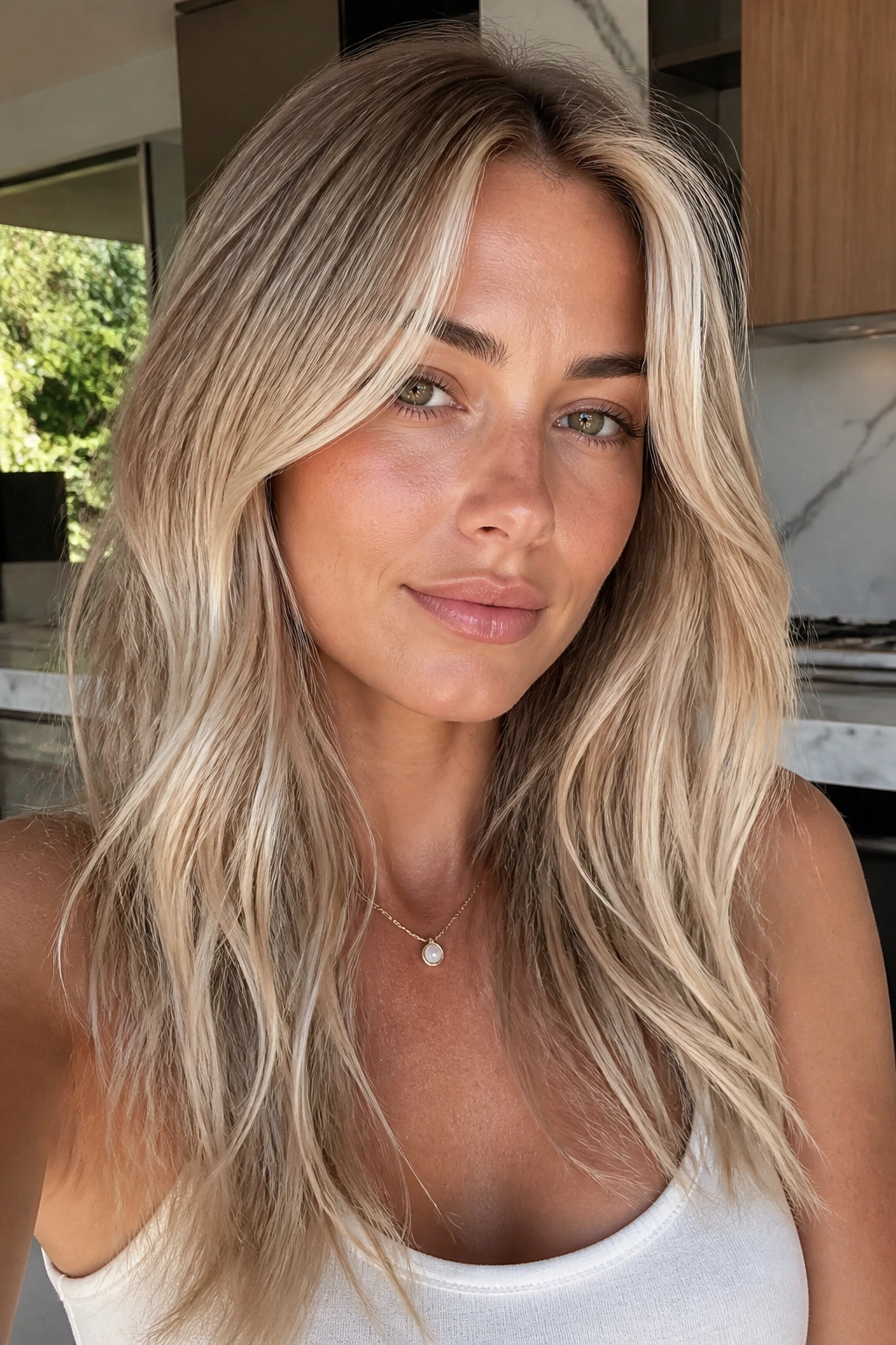 Close-up portrait of a real woman with coconut cream blonde hair in a warm kitchen scene